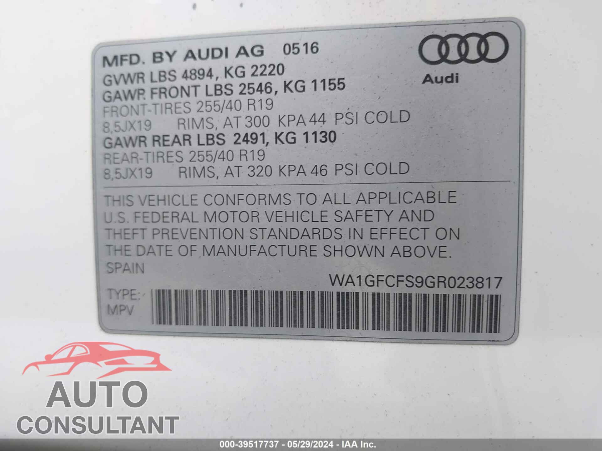 AUDI Q3 2016 - WA1GFCFS9GR023817