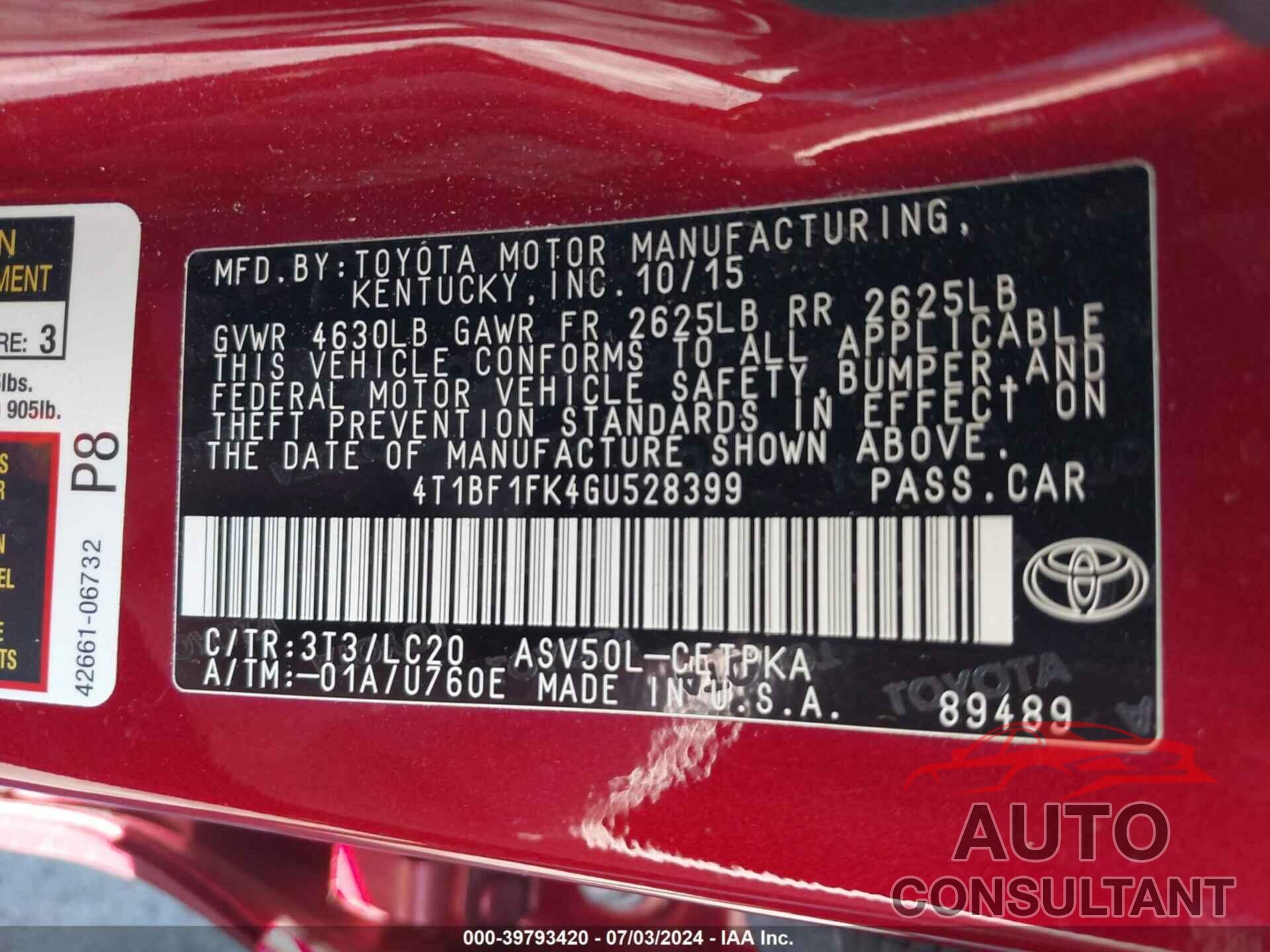 TOYOTA CAMRY 2016 - 4T1BF1FK4GU528399