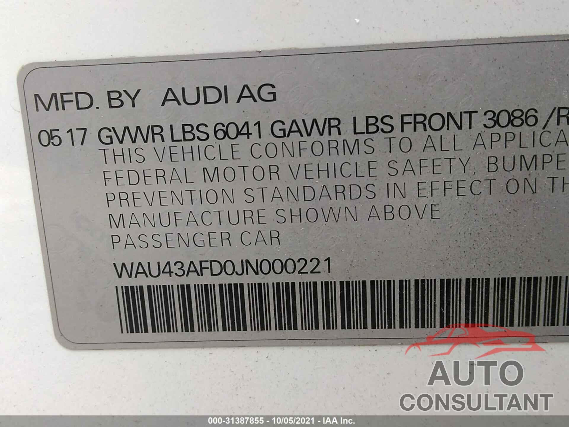 AUDI A8 L 2018 - WAU43AFD0JN000221