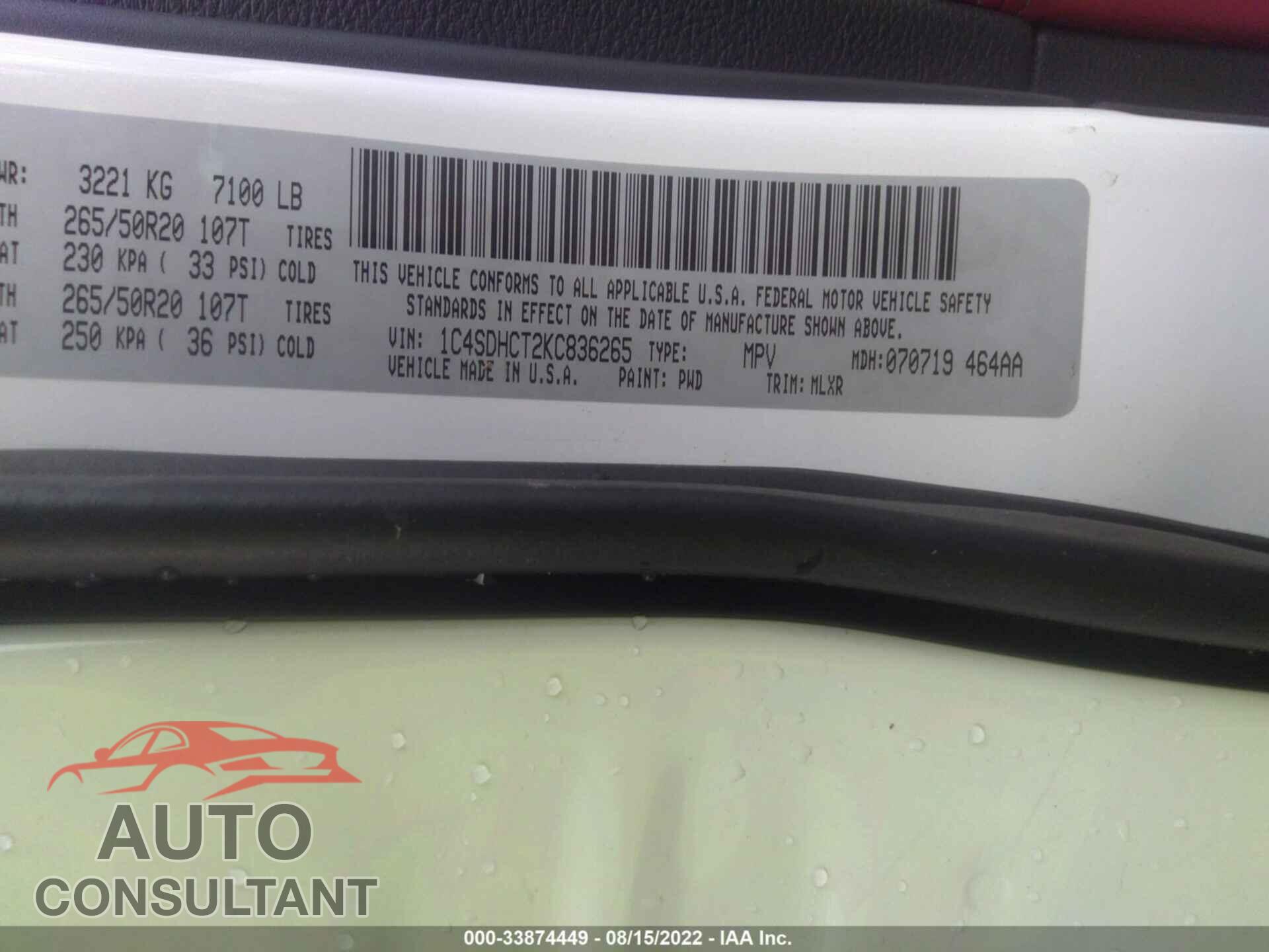 DODGE DURANGO 2019 - 1C4SDHCT2KC836265