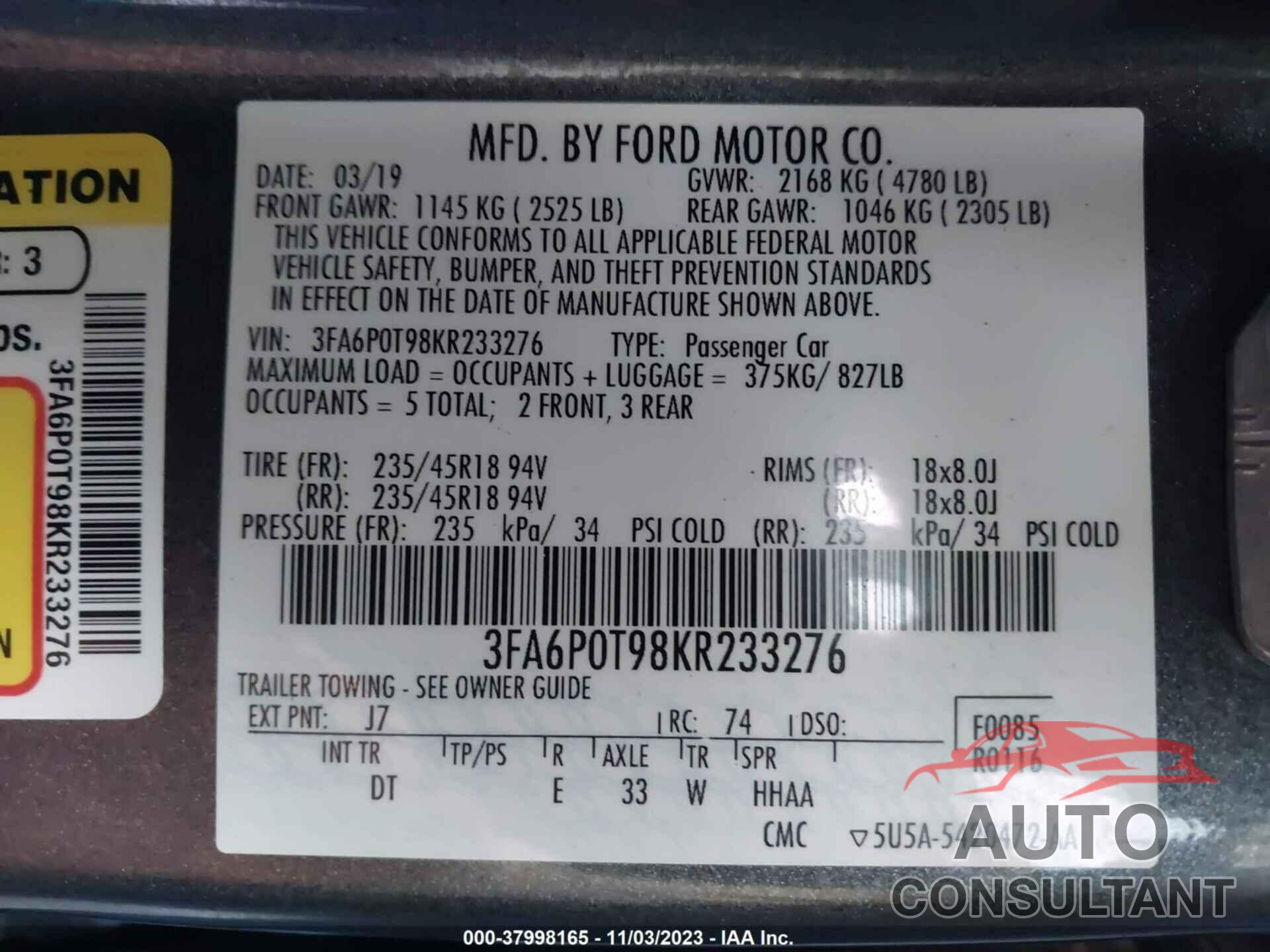 FORD FUSION 2019 - 3FA6P0T98KR233276