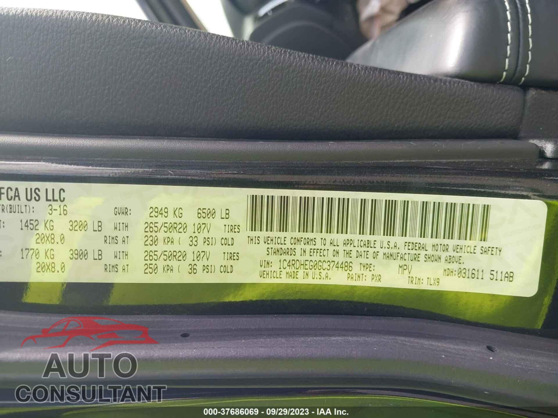 DODGE DURANGO 2016 - 1C4RDHEG0GC374486