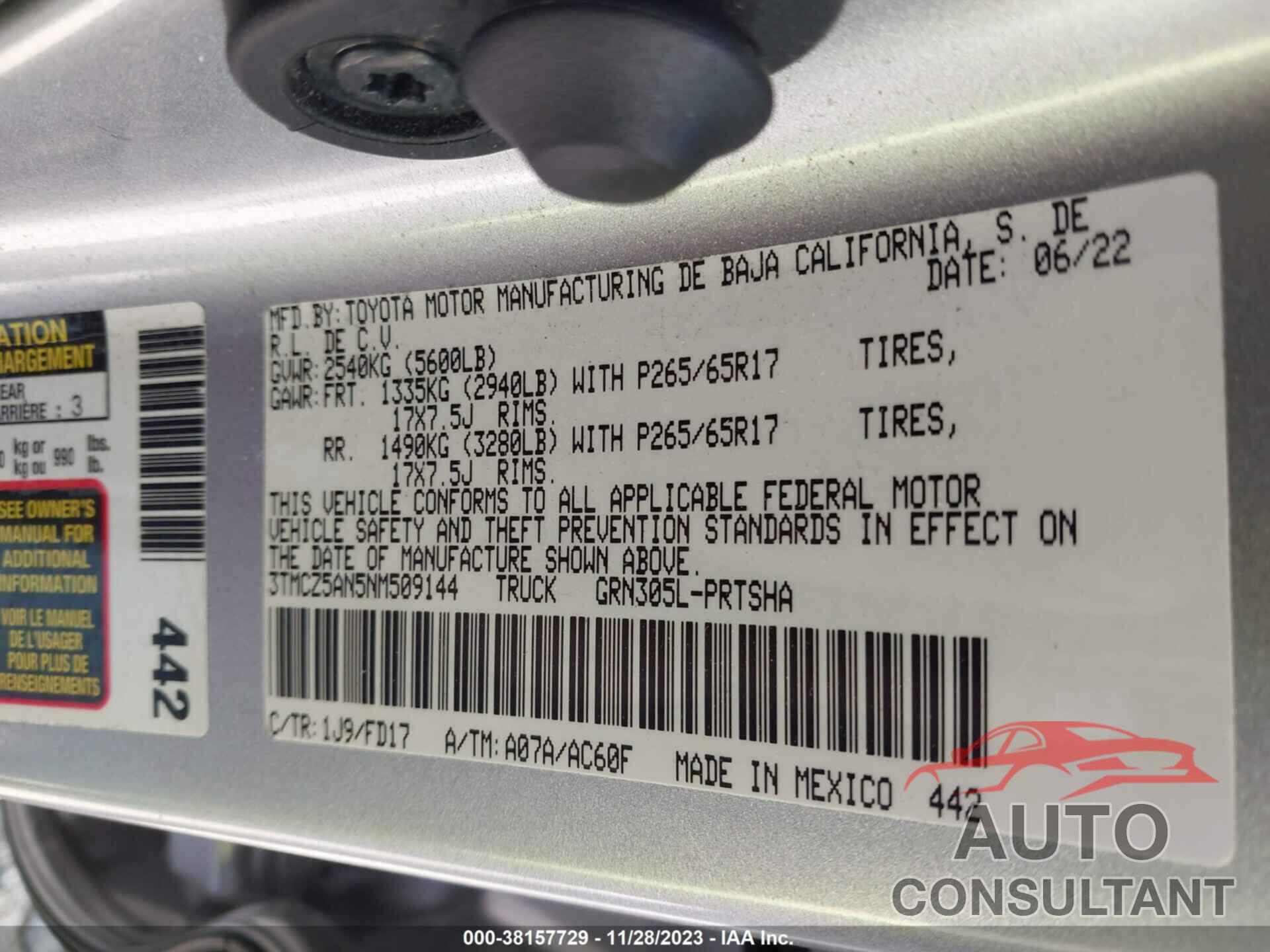 TOYOTA TACOMA 2022 - 3TMCZ5AN5NM509144