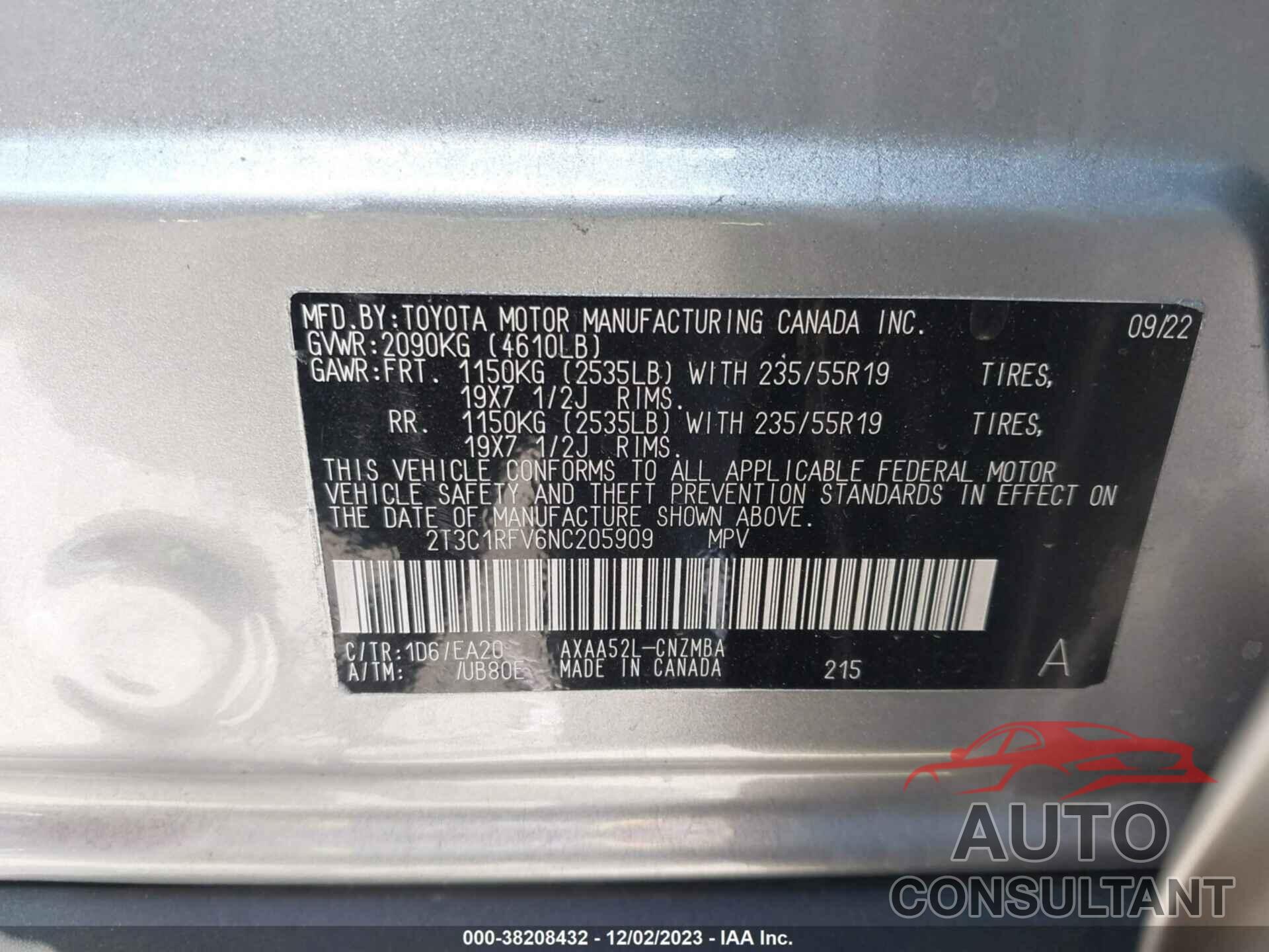 TOYOTA RAV4 2022 - 2T3C1RFV6NC205909