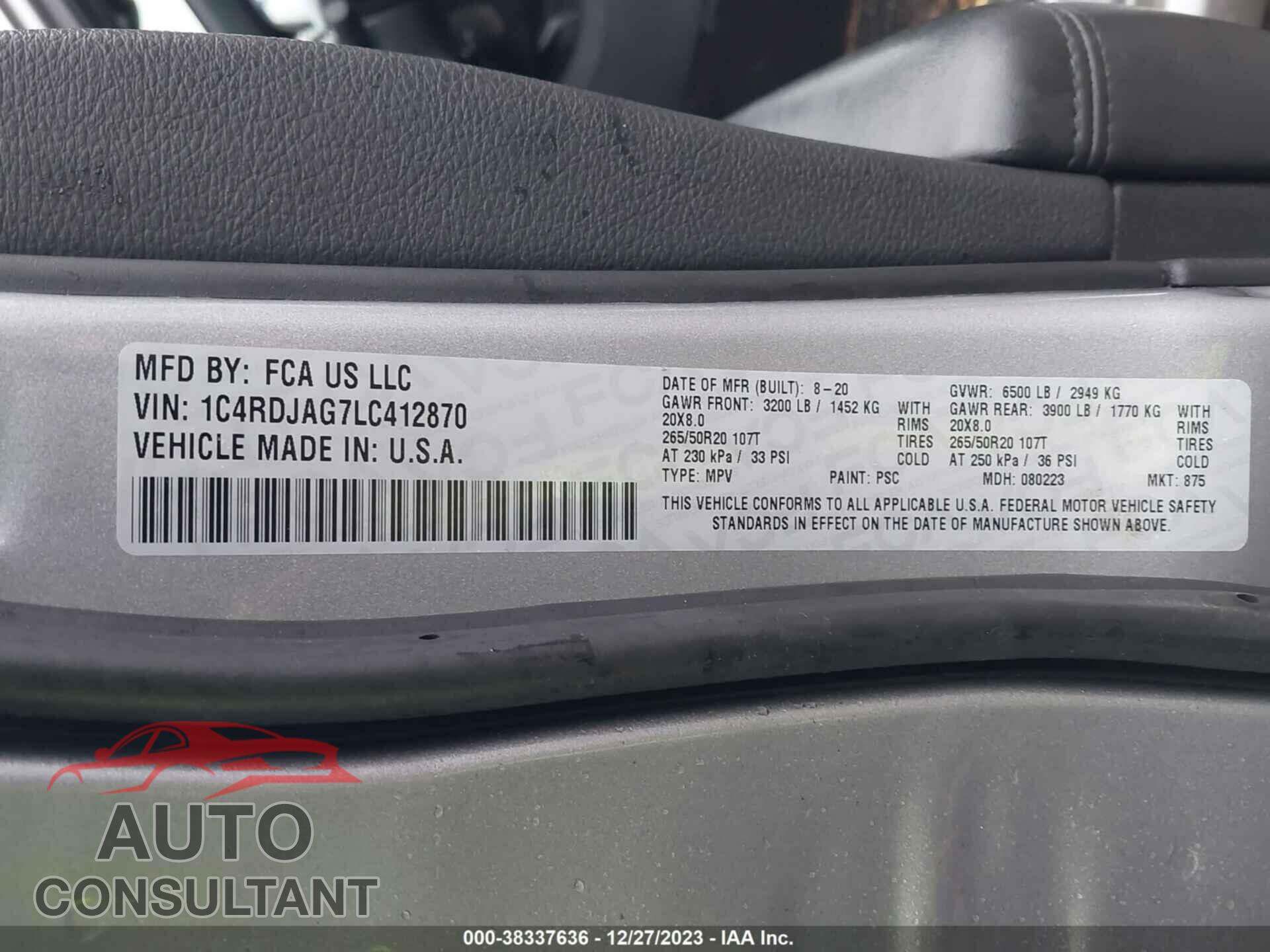 DODGE DURANGO 2020 - 1C4RDJAG7LC412870