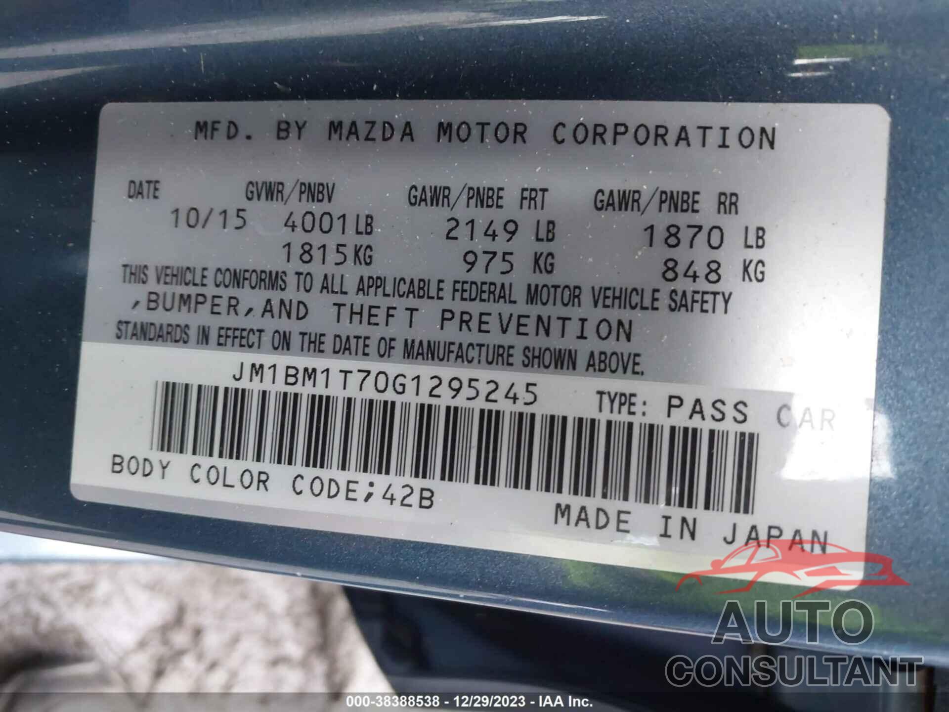 MAZDA MAZDA3 2016 - JM1BM1T70G1295245