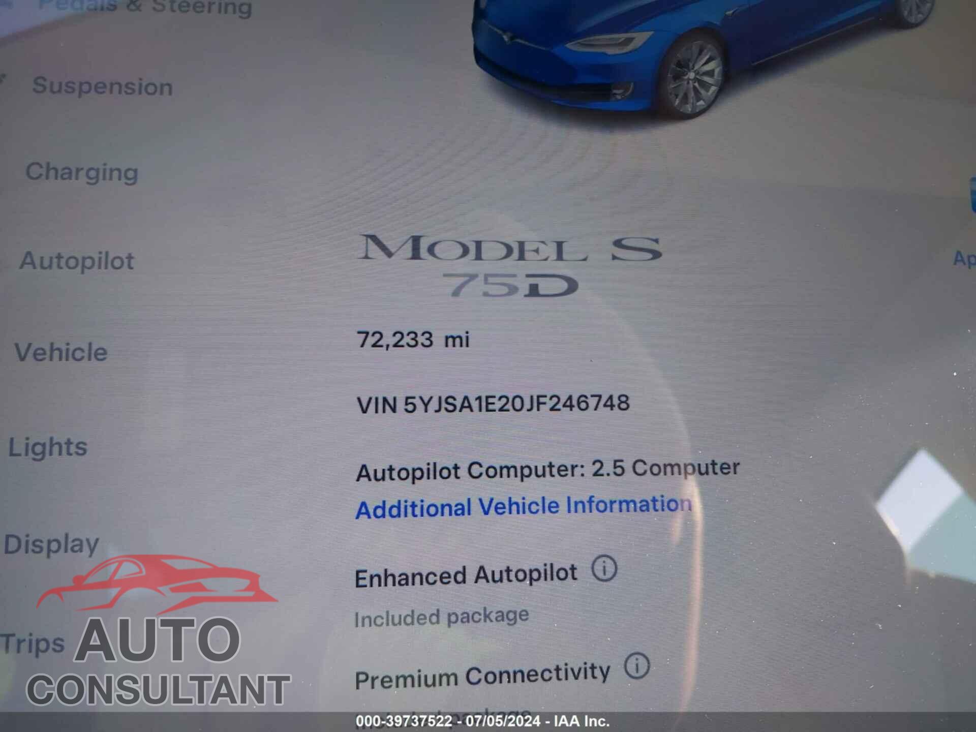 TESLA MODEL S 2018 - 5YJSA1E20JF246748