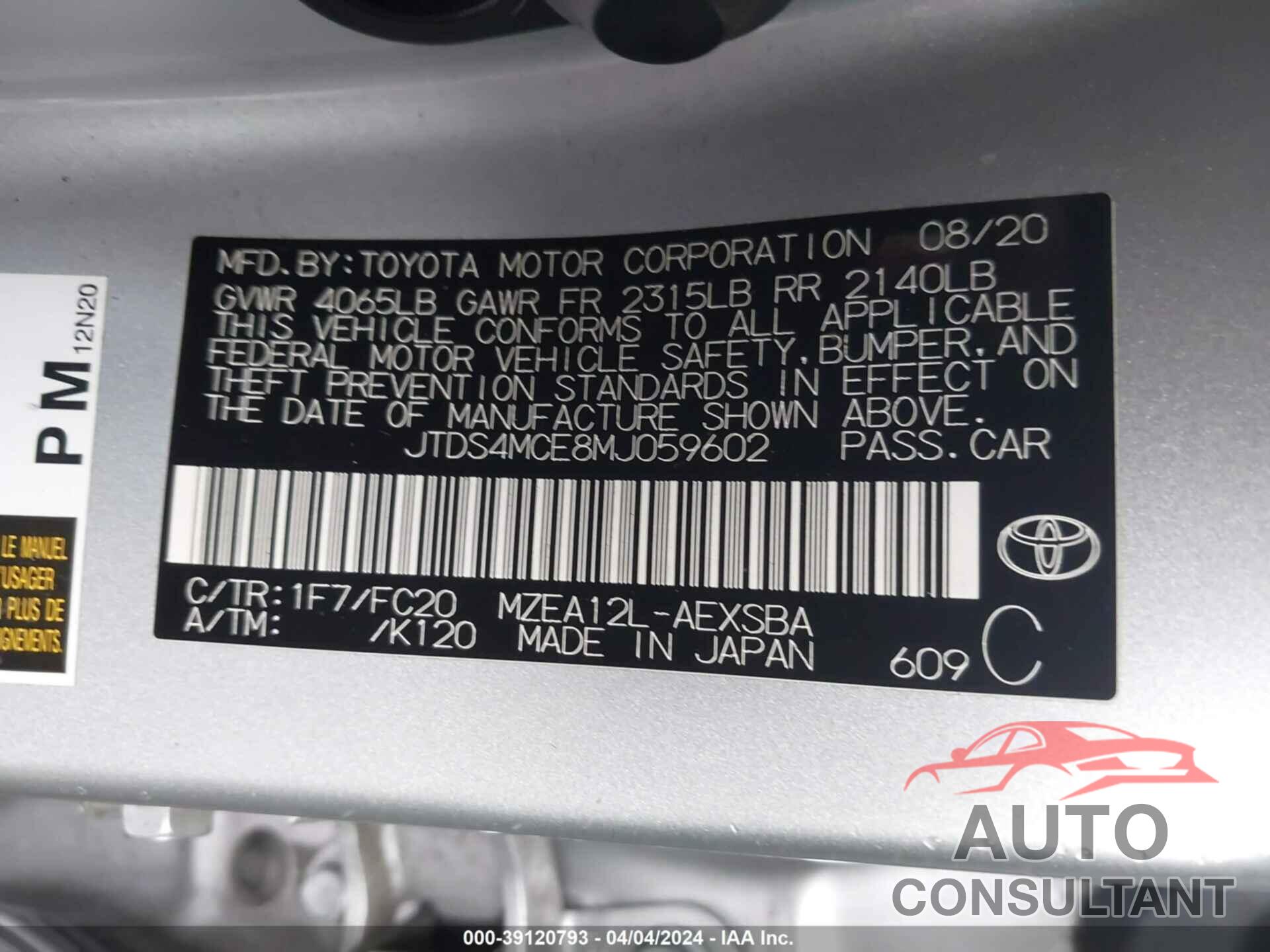 TOYOTA COROLLA 2021 - JTDS4MCE8MJ059602