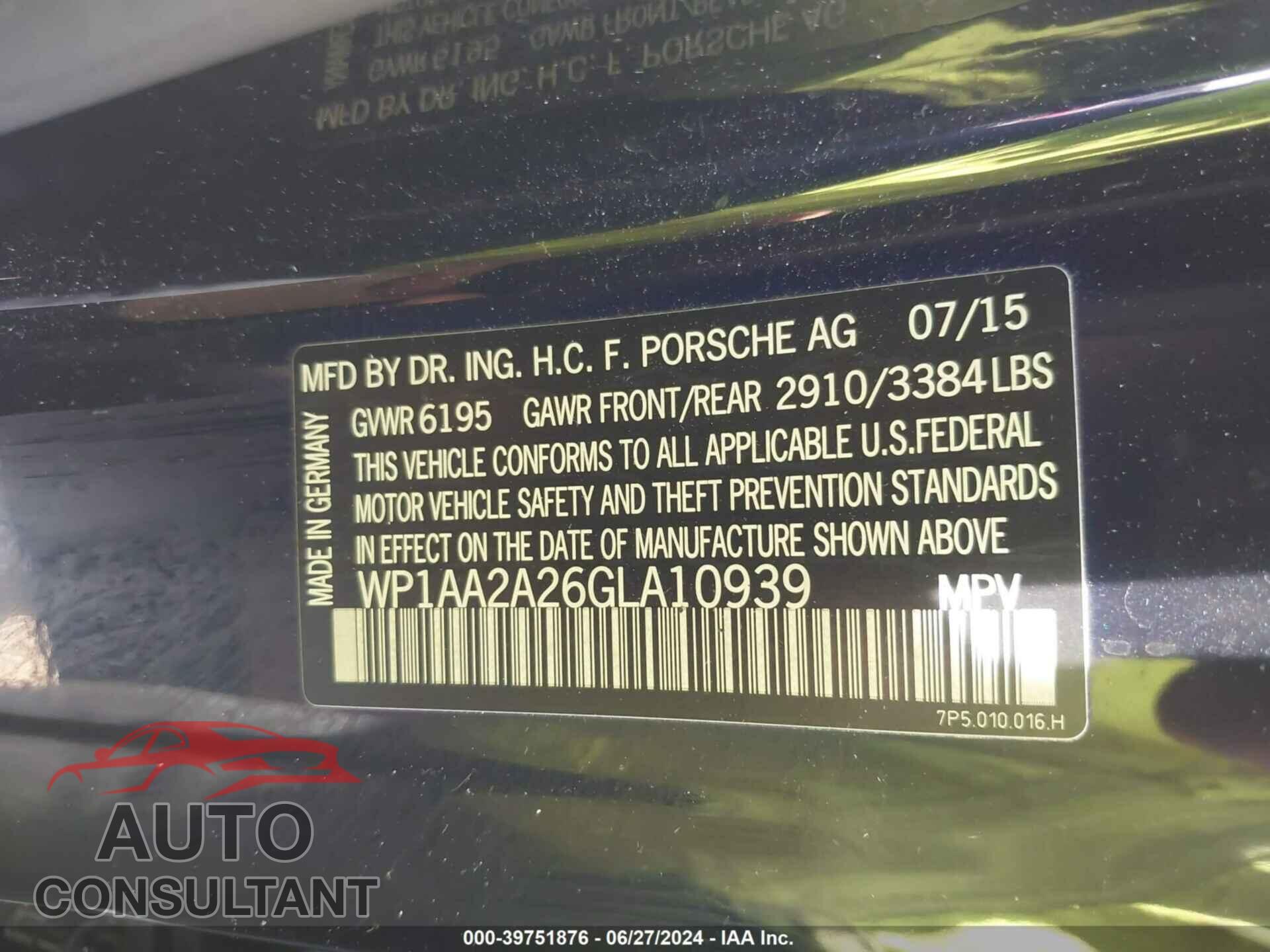 PORSCHE CAYENNE 2016 - WP1AA2A26GLA10939