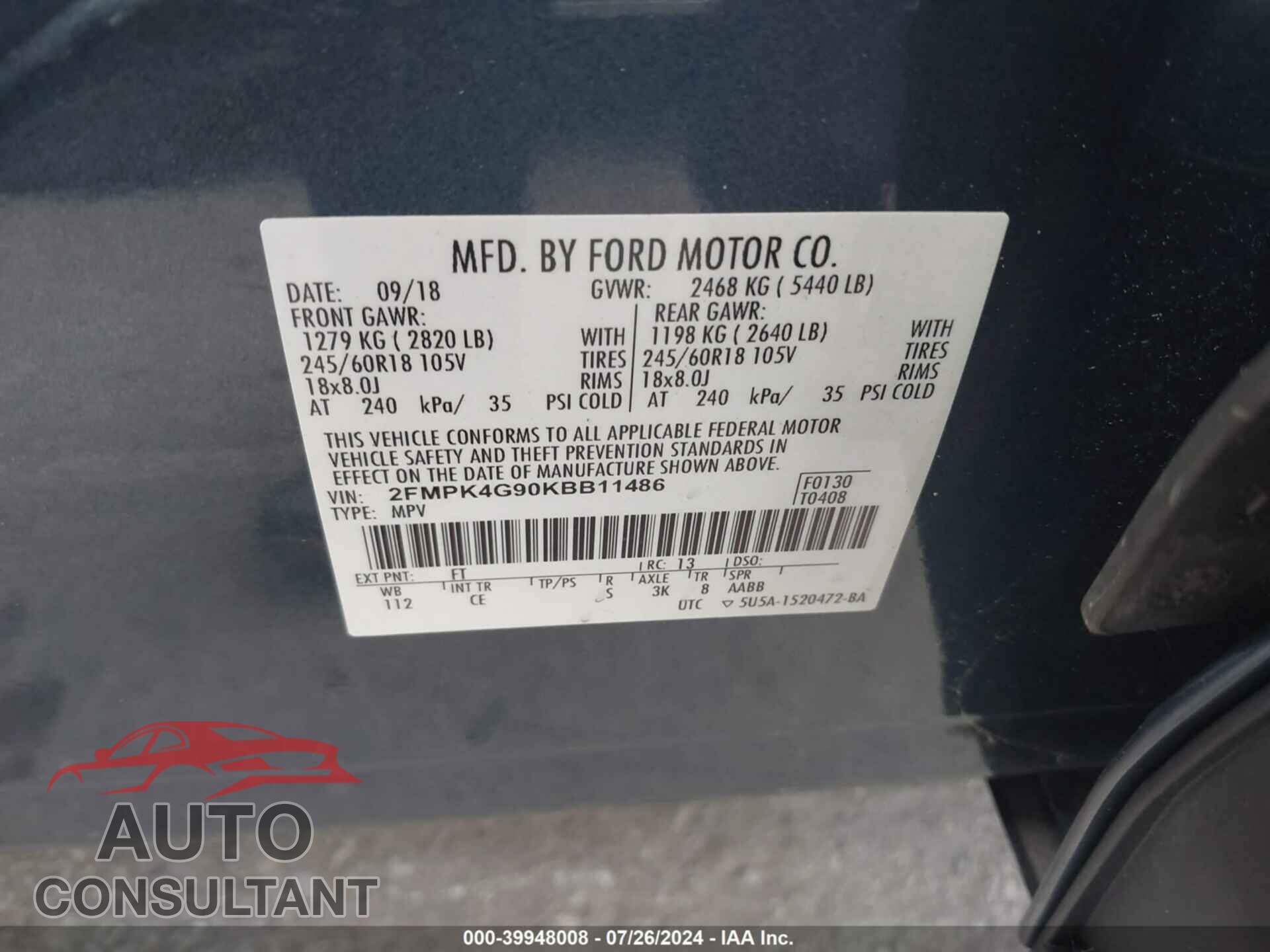 FORD EDGE 2019 - 2FMPK4G90KBB11486