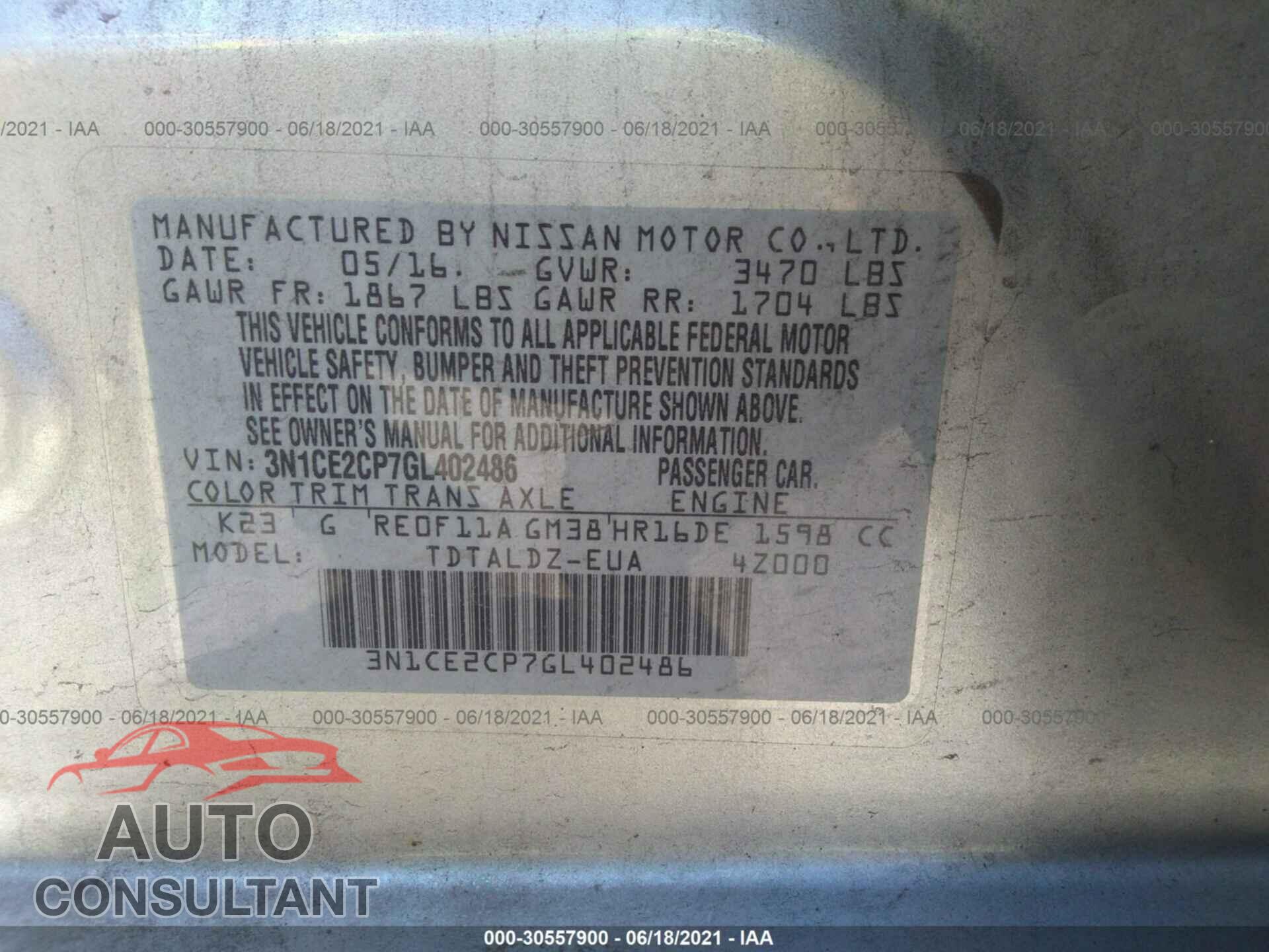 NISSAN VERSA NOTE 2016 - 3N1CE2CP7GL402486