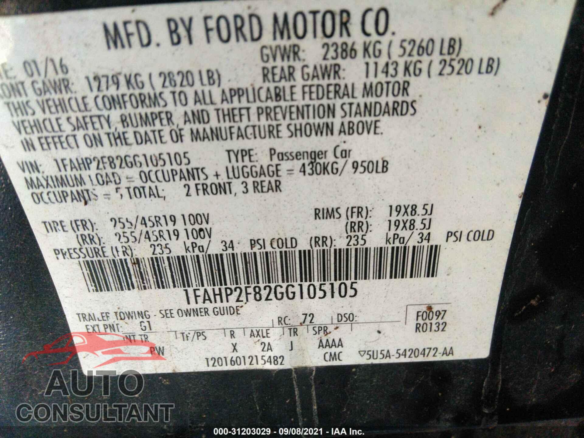 FORD TAURUS 2016 - 1FAHP2F82GG105105