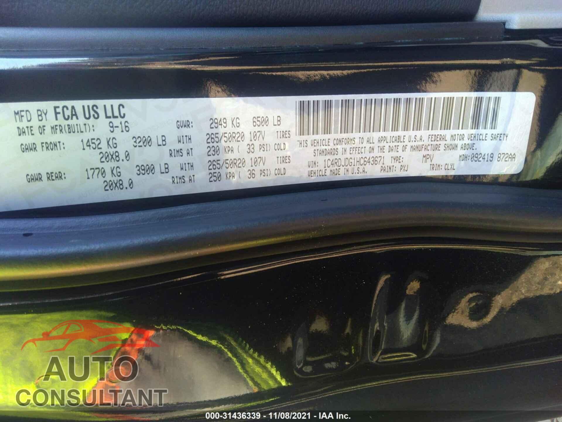 DODGE DURANGO 2017 - 1C4RDJDG1HC643671
