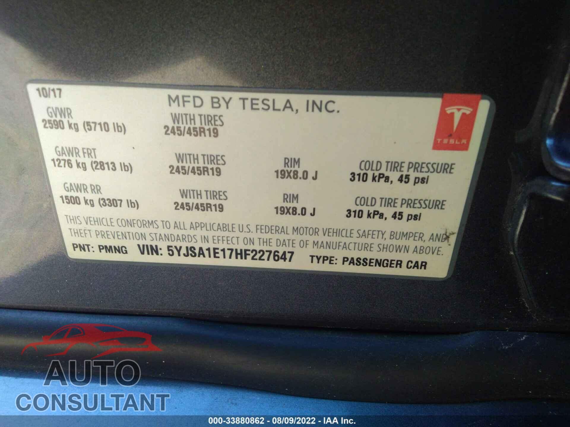 TESLA MODEL S 2017 - 5YJSA1E17HF227647