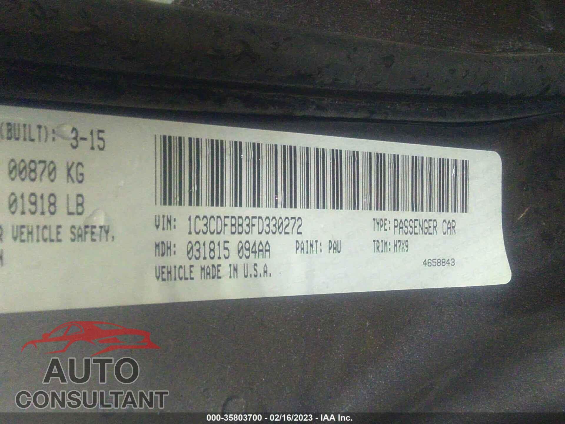 DODGE DART 2015 - 1C3CDFBB3FD330272