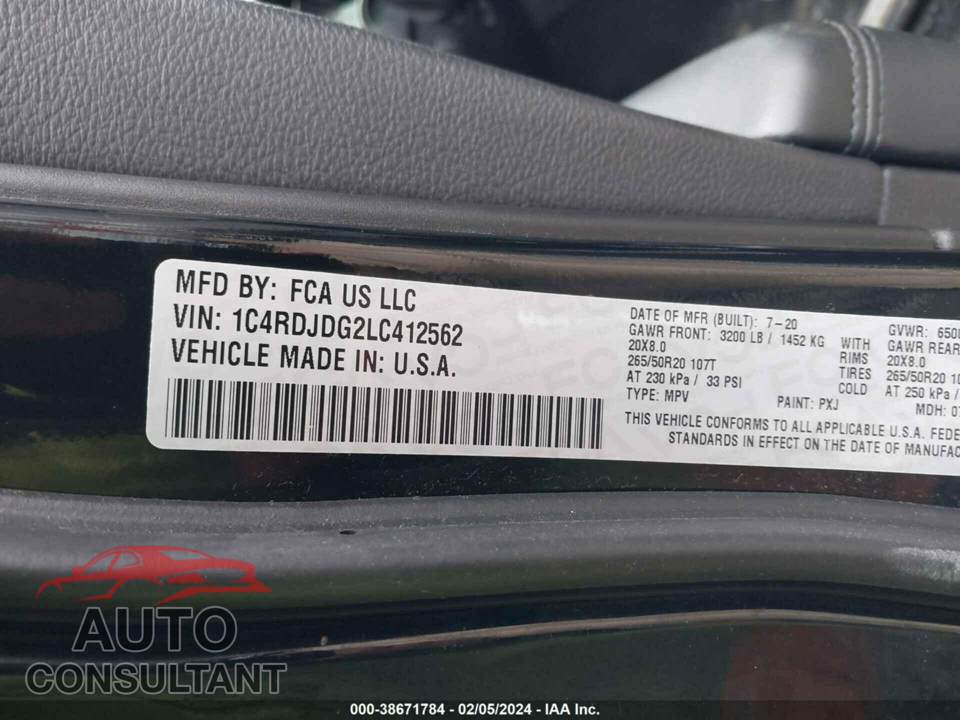 DODGE DURANGO 2020 - 1C4RDJDG2LC412562