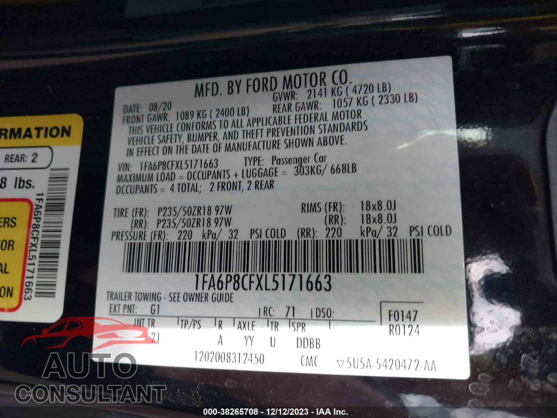 FORD MUSTANG 2020 - 1FA6P8CFXL5171663