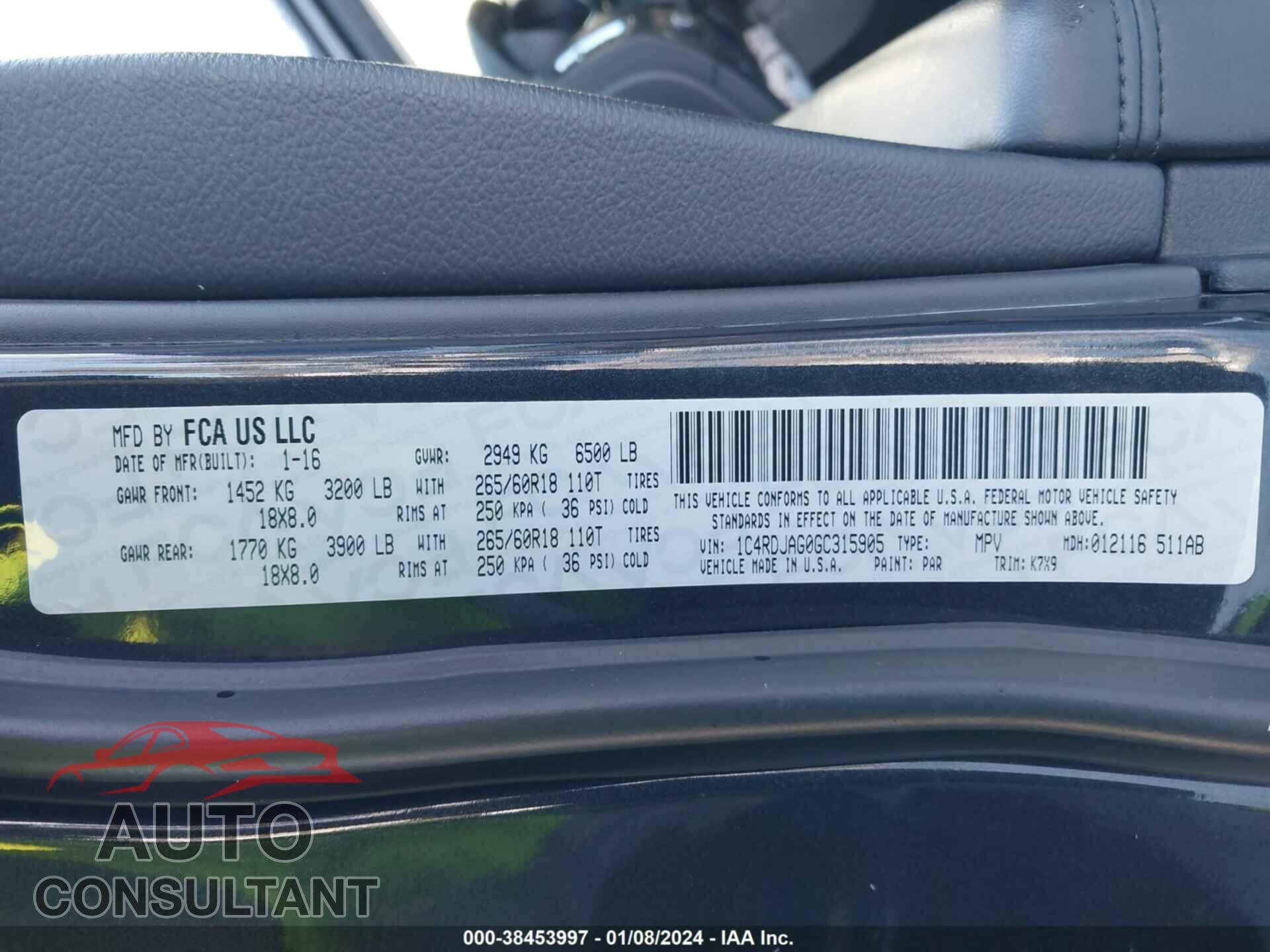 DODGE DURANGO 2016 - 1C4RDJAG0GC315905