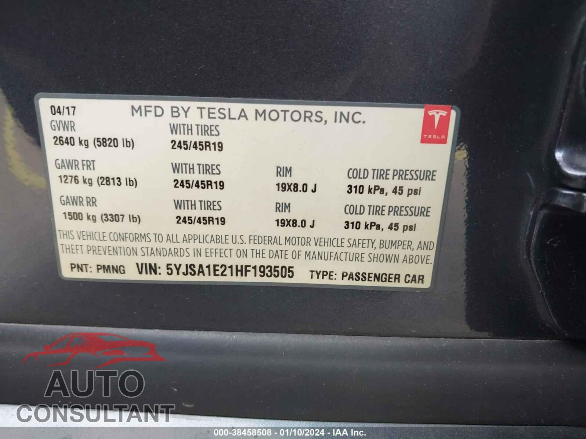 TESLA MODEL S 2017 - 5YJSA1E21HF193505