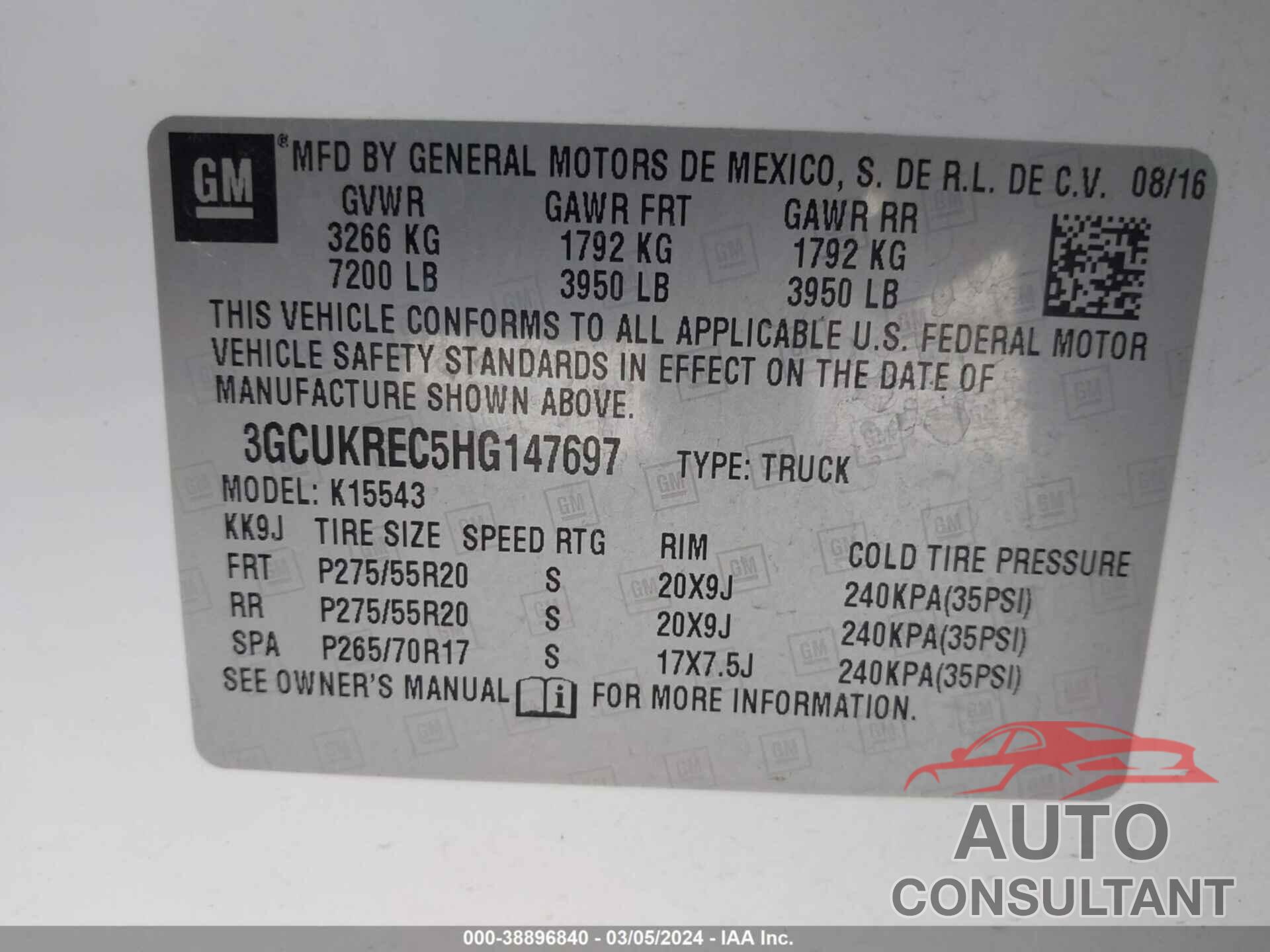 CHEVROLET SILVERADO 1500 2017 - 3GCUKREC5HG147697