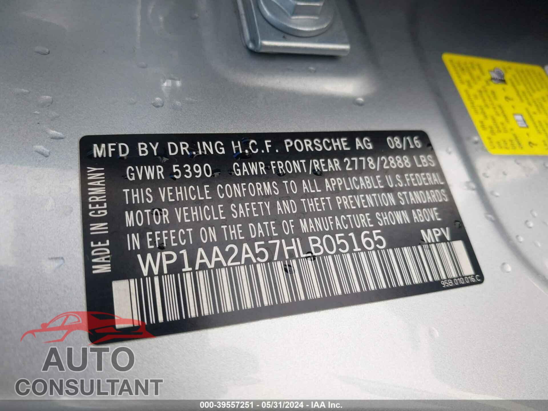 PORSCHE MACAN 2017 - WP1AA2A57HLB05165