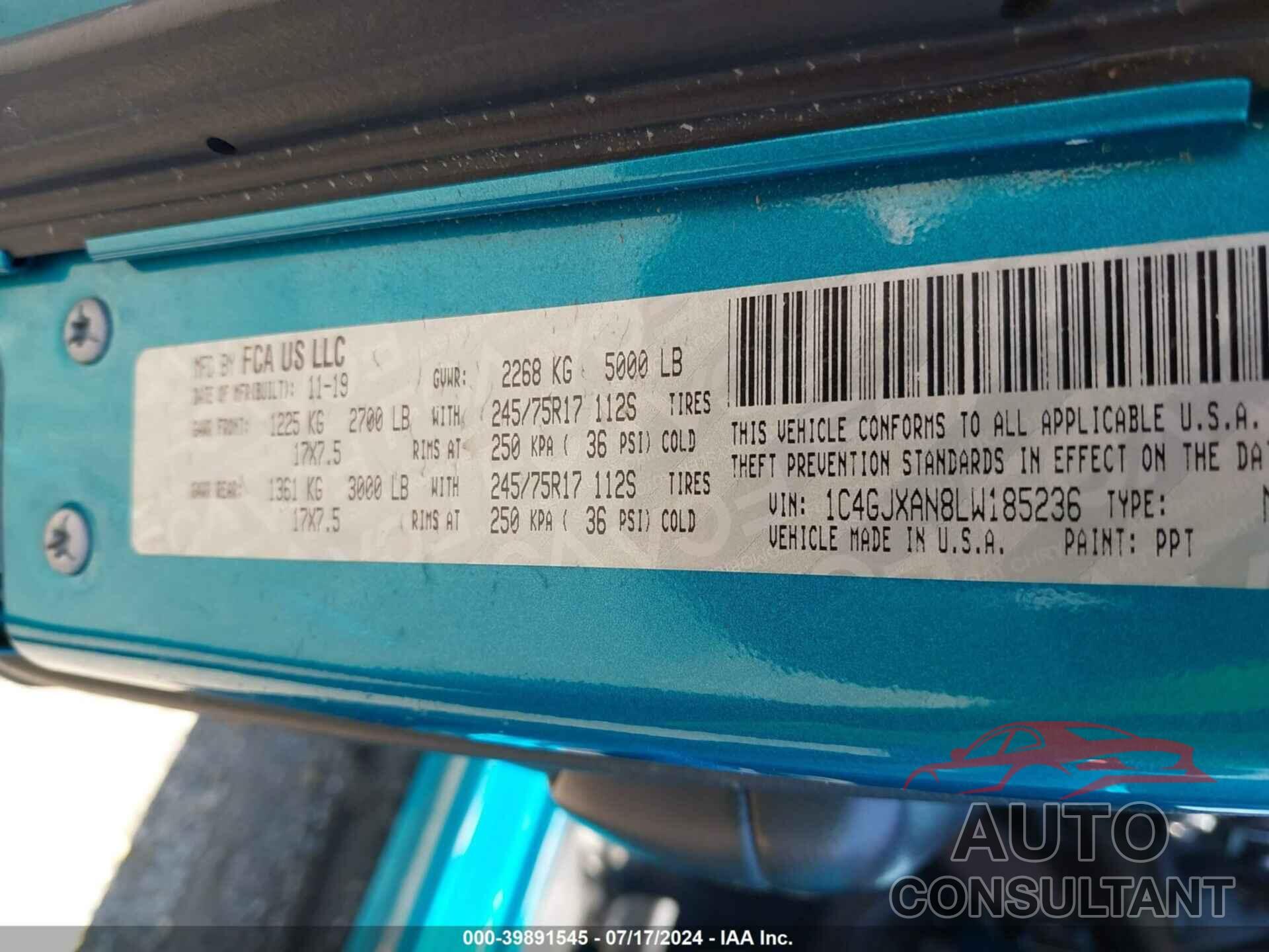 JEEP WRANGLER 2020 - 1C4GJXAN8LW185236