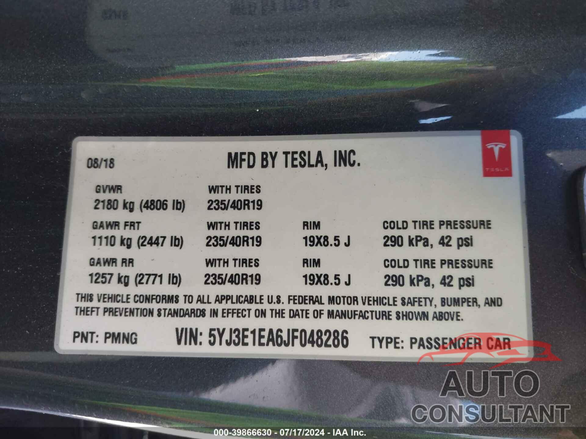 TESLA MODEL 3 2018 - 5YJ3E1EA6JF048286