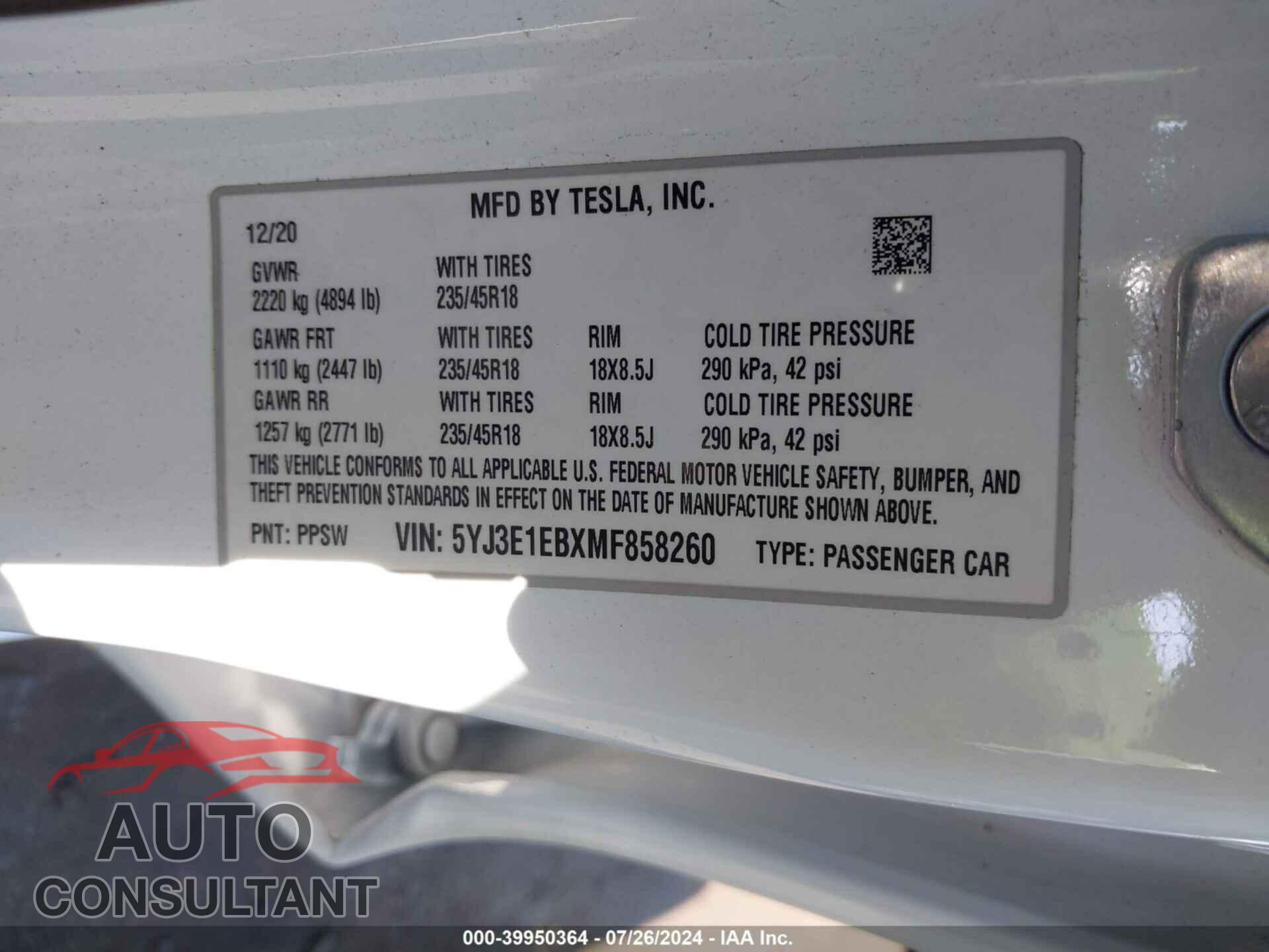 TESLA MODEL 3 2021 - 5YJ3E1EBXMF858260