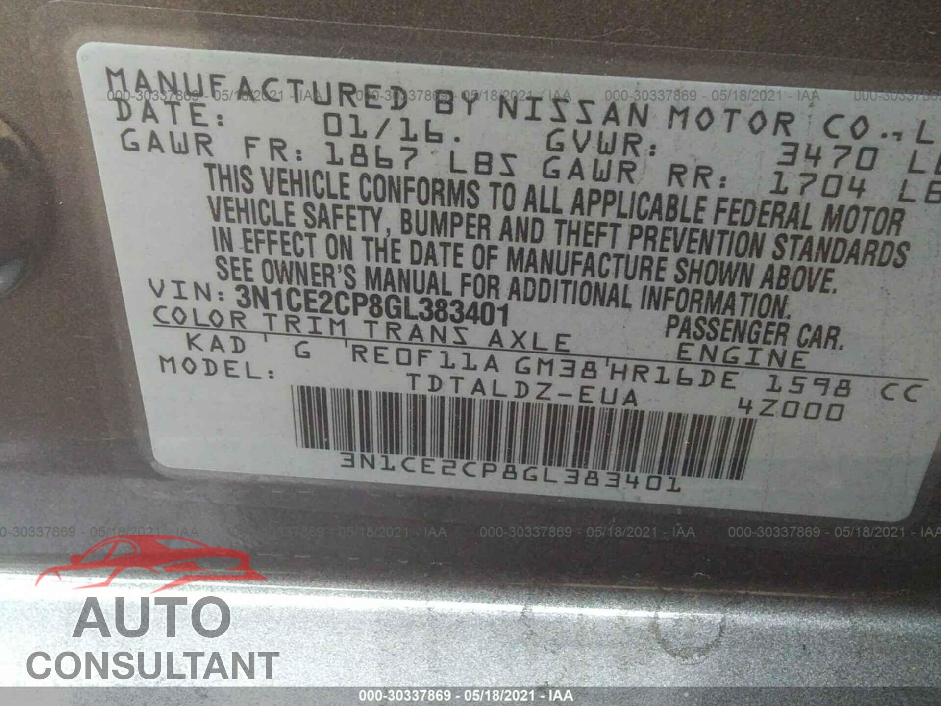 NISSAN VERSA NOTE 2016 - 3N1CE2CP8GL383401