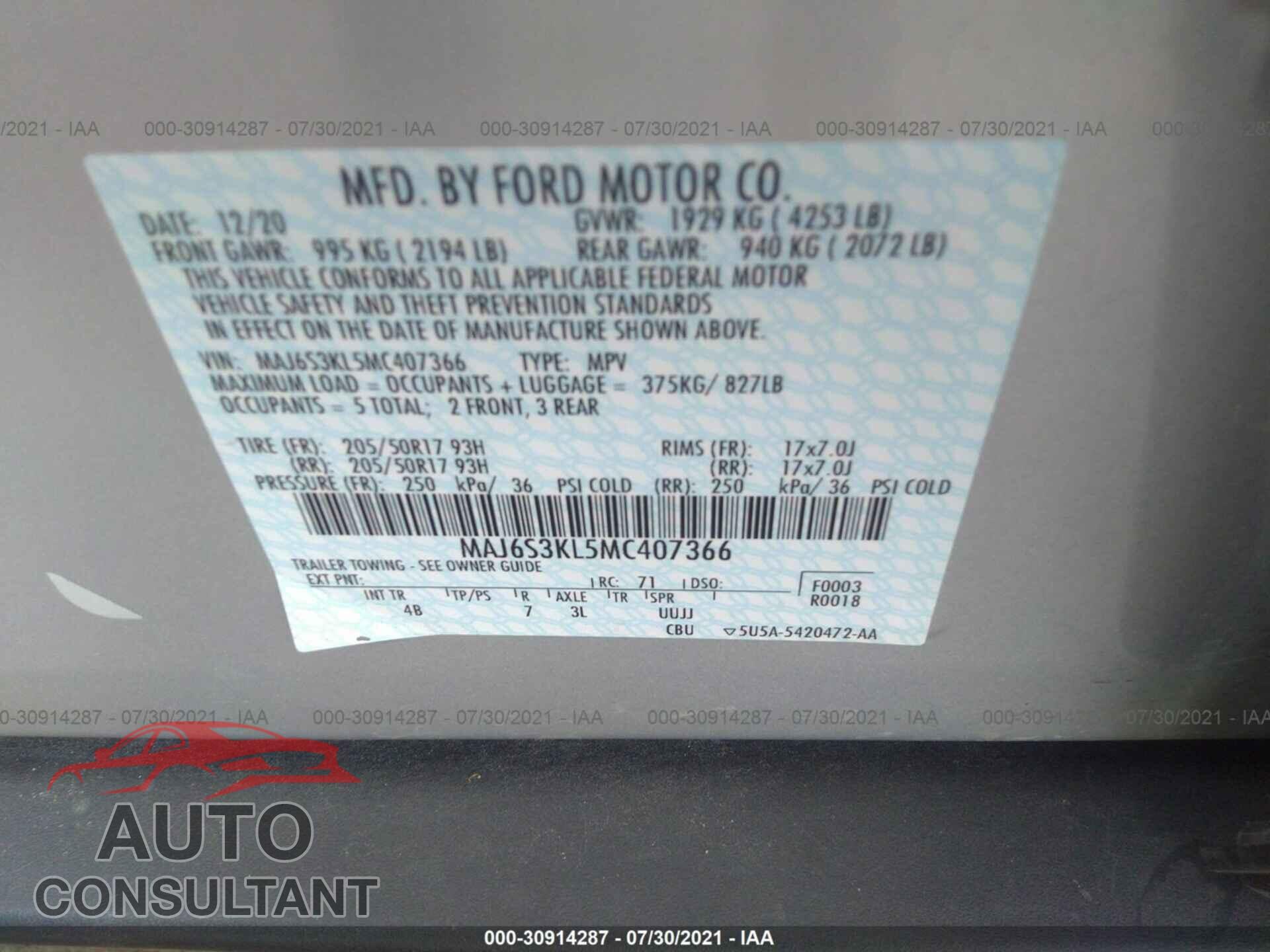 FORD ECOSPORT 2021 - MAJ6S3KL5MC407366
