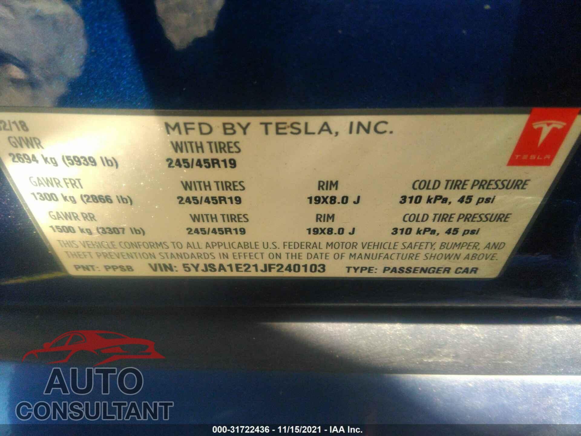 TESLA MODEL S 2018 - 5YJSA1E21JF240103