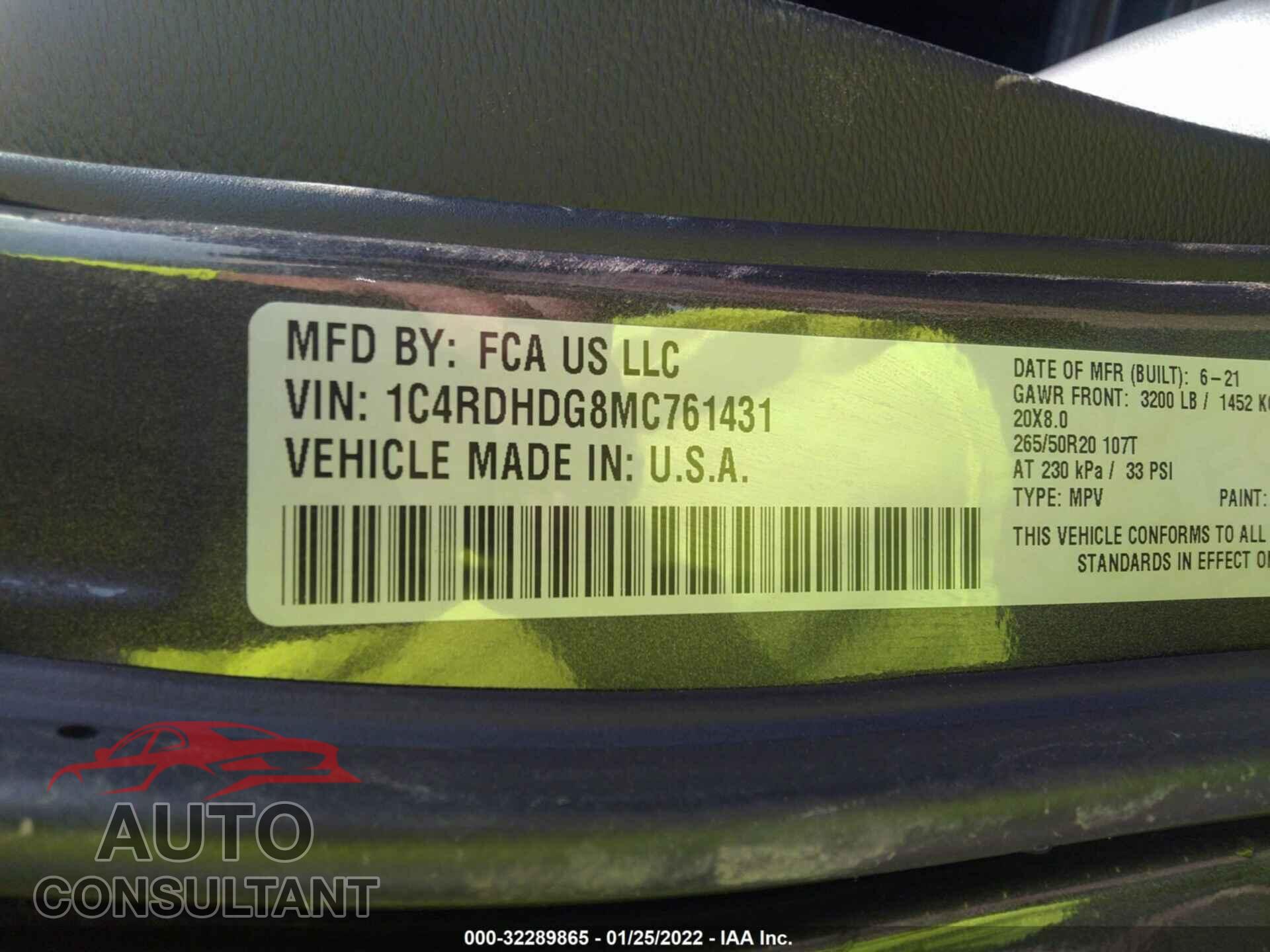 DODGE DURANGO 2021 - 1C4RDHDG8MC761431
