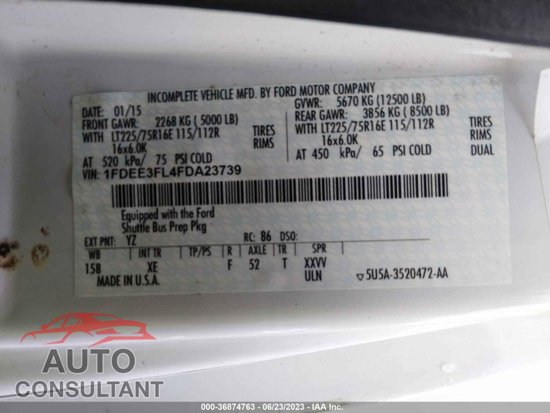 FORD E-350 CUTAWAY 2015 - 1FDEE3FL4FDA23739