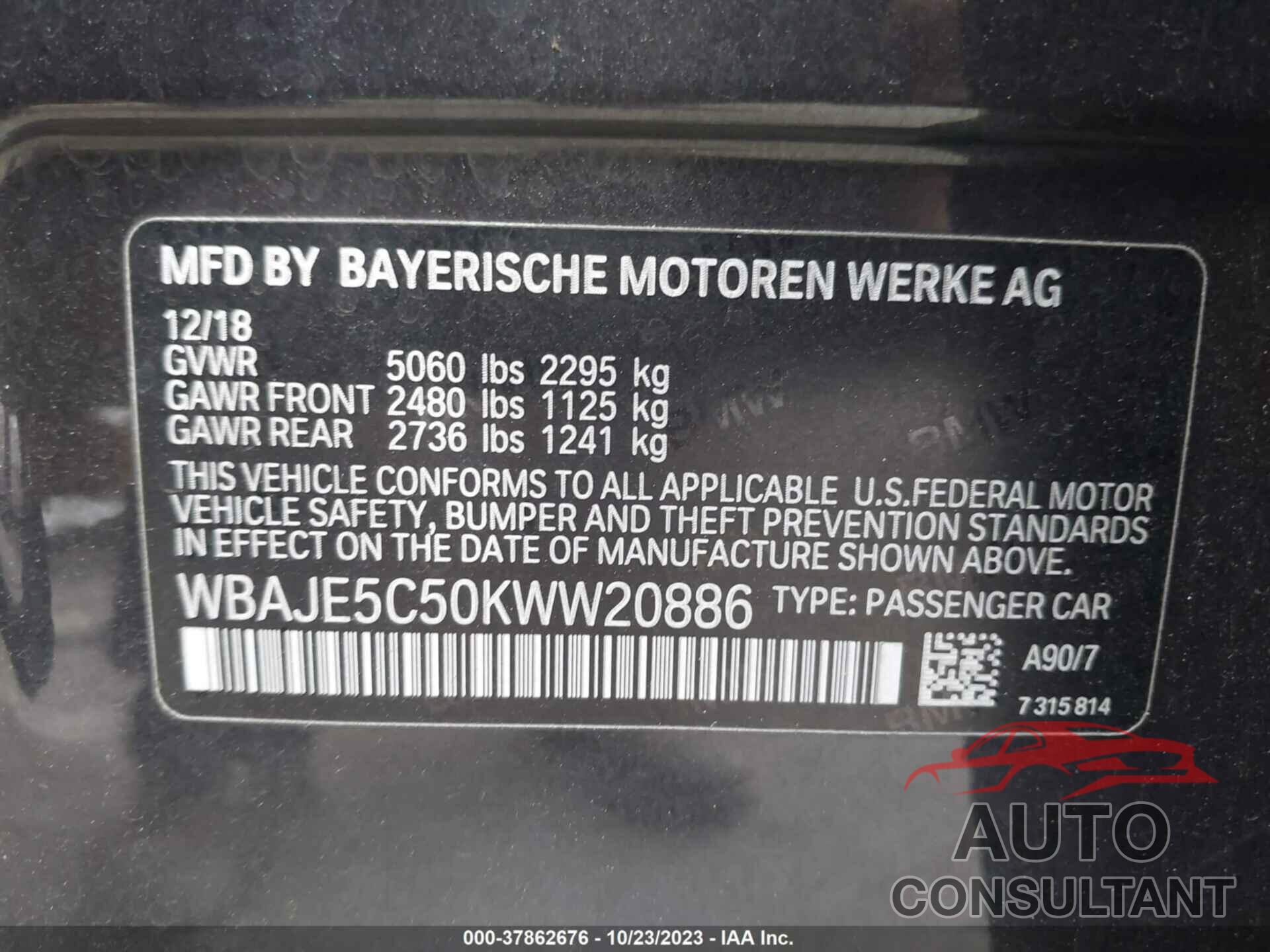 BMW 540I 2019 - WBAJE5C50KWW20886