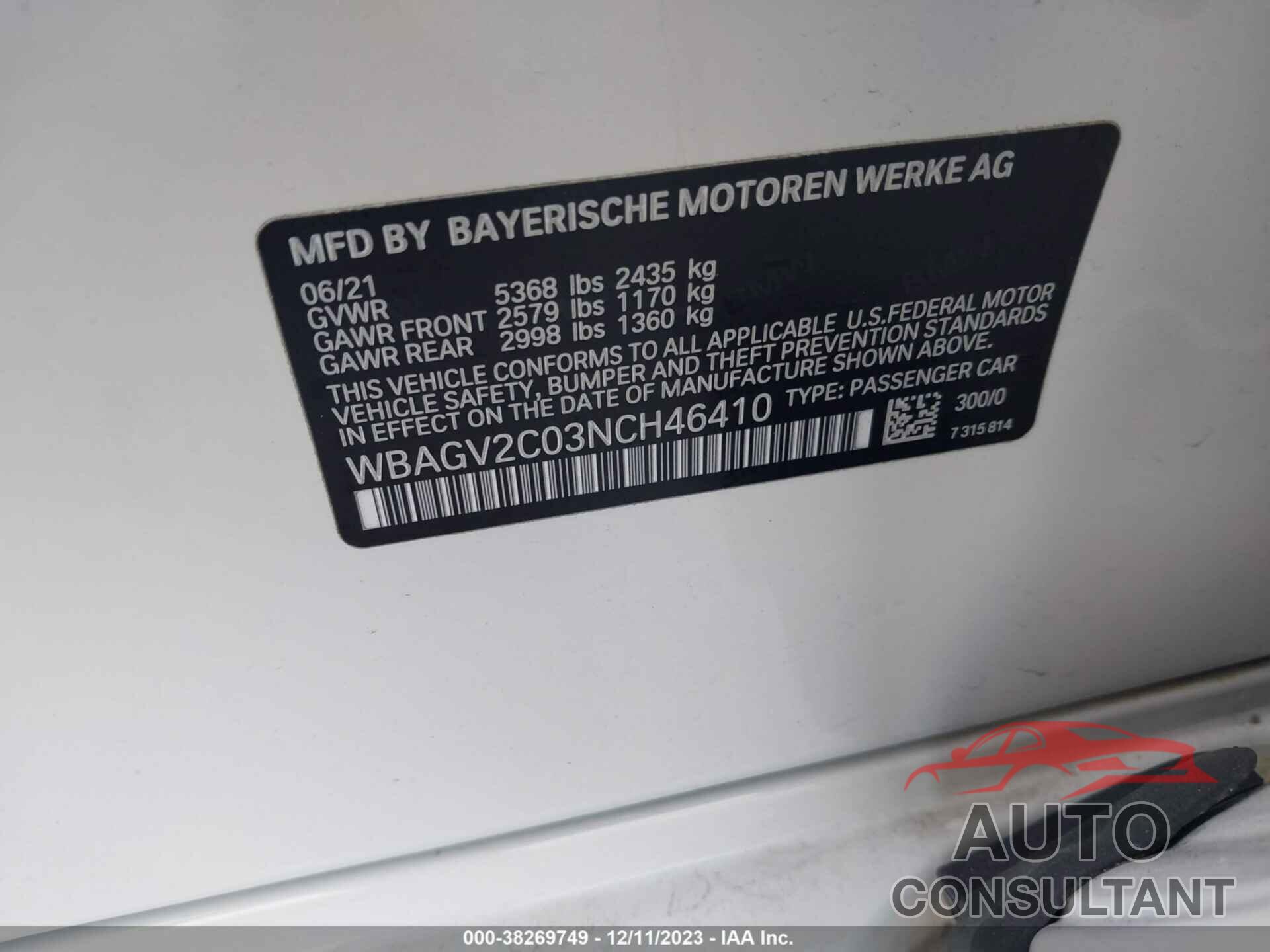 BMW 8 SERIES 2022 - WBAGV2C03NCH46410