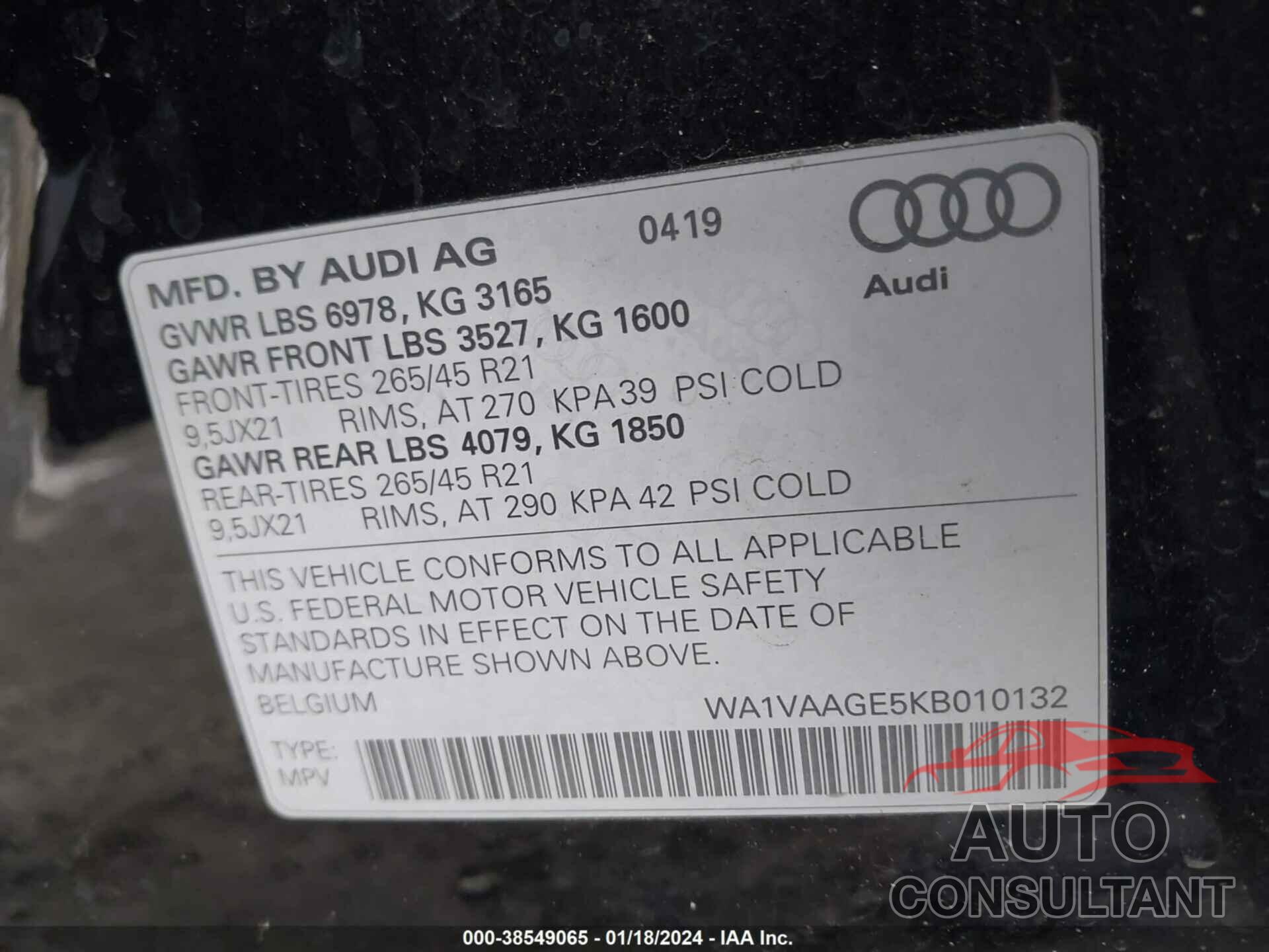 AUDI E-TRON 2019 - WA1VAAGE5KB010132