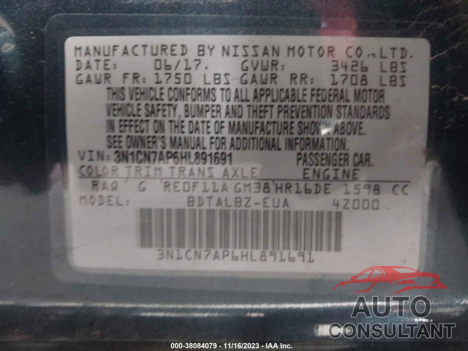 NISSAN VERSA 2017 - 3N1CN7AP6HL891691