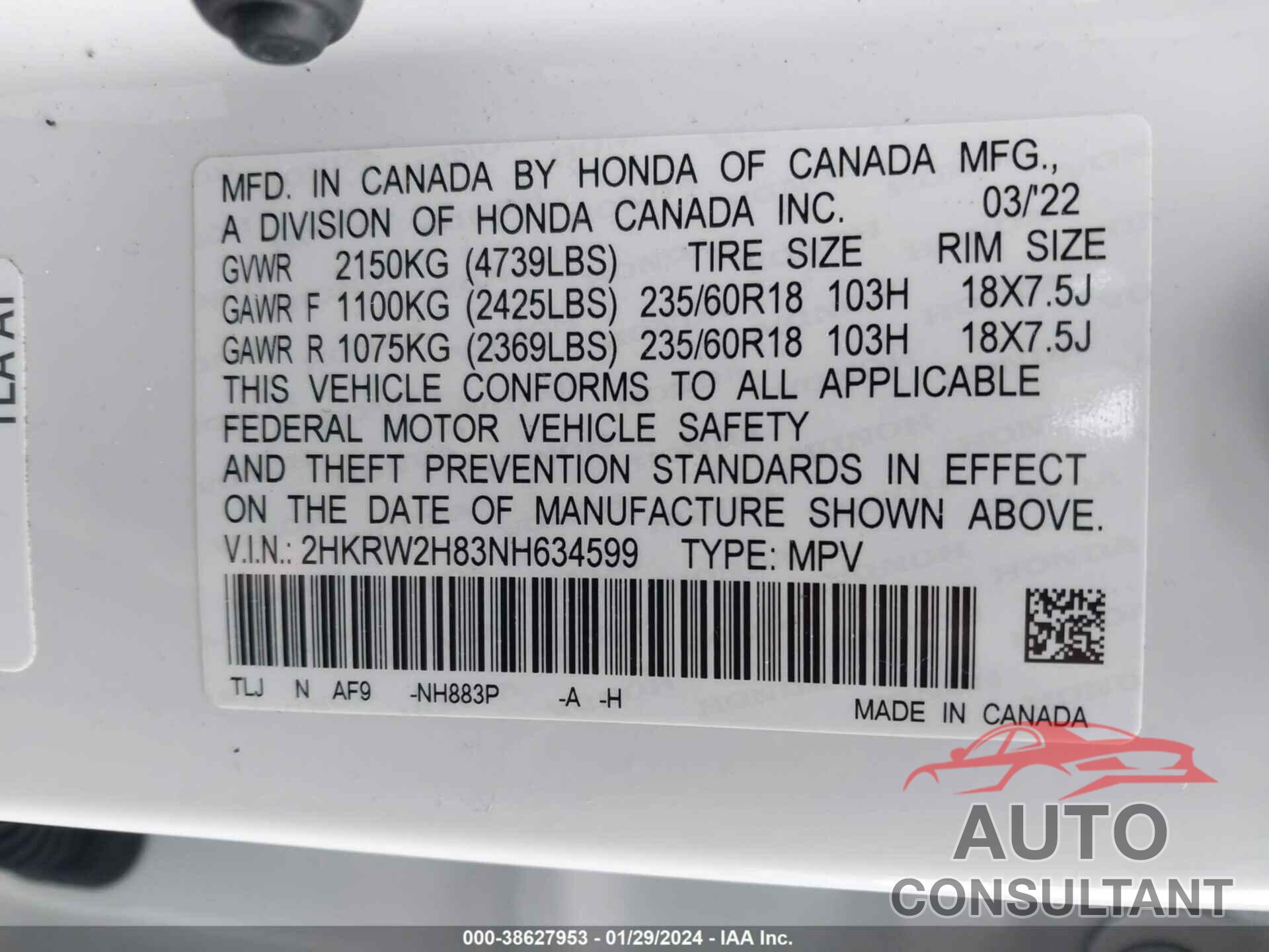 HONDA CR-V 2022 - 2HKRW2H83NH634599