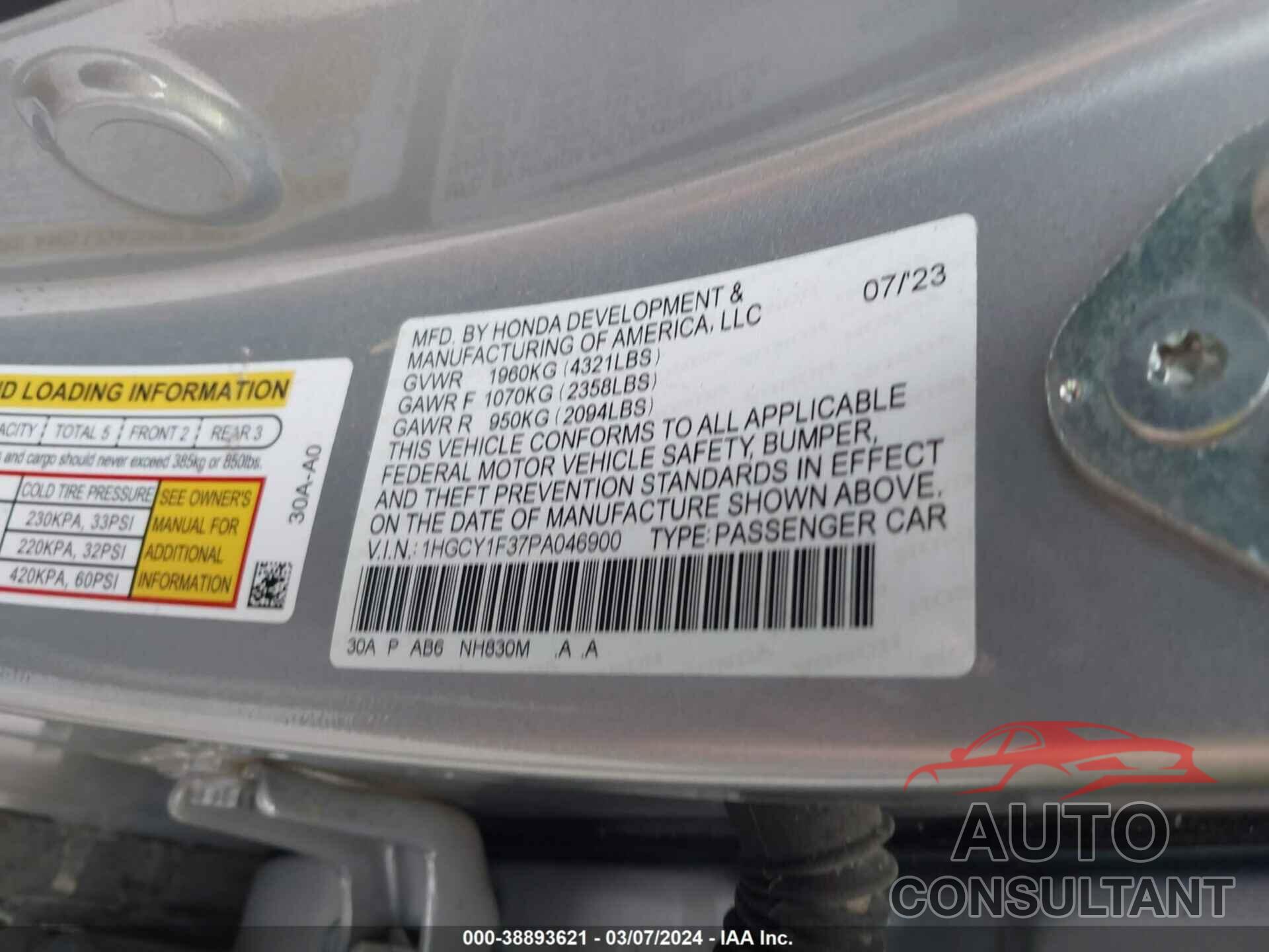 HONDA ACCORD 2023 - 1HGCY1F37PA046900