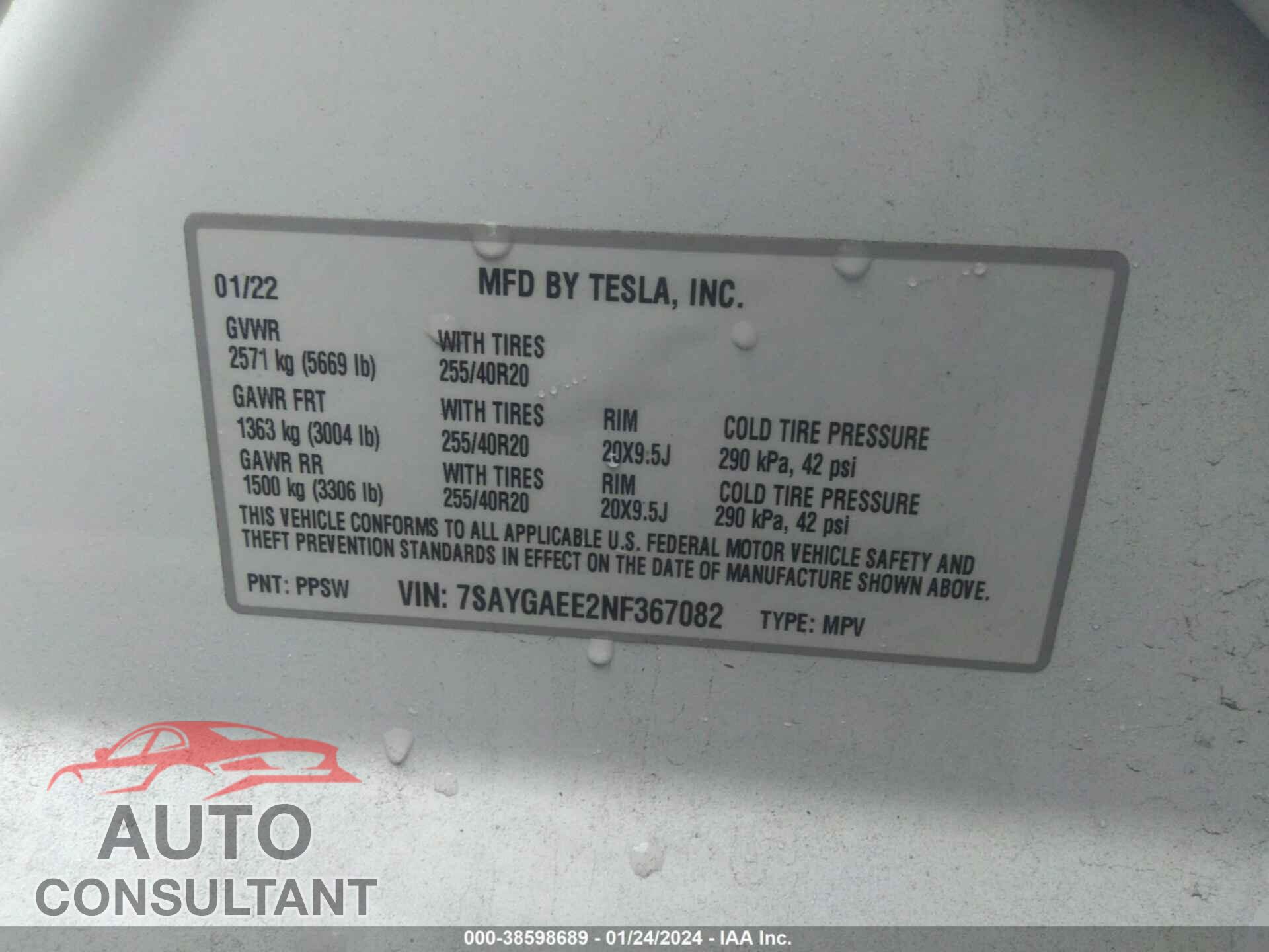 TESLA MODEL Y 2022 - 7SAYGAEE2NF367082