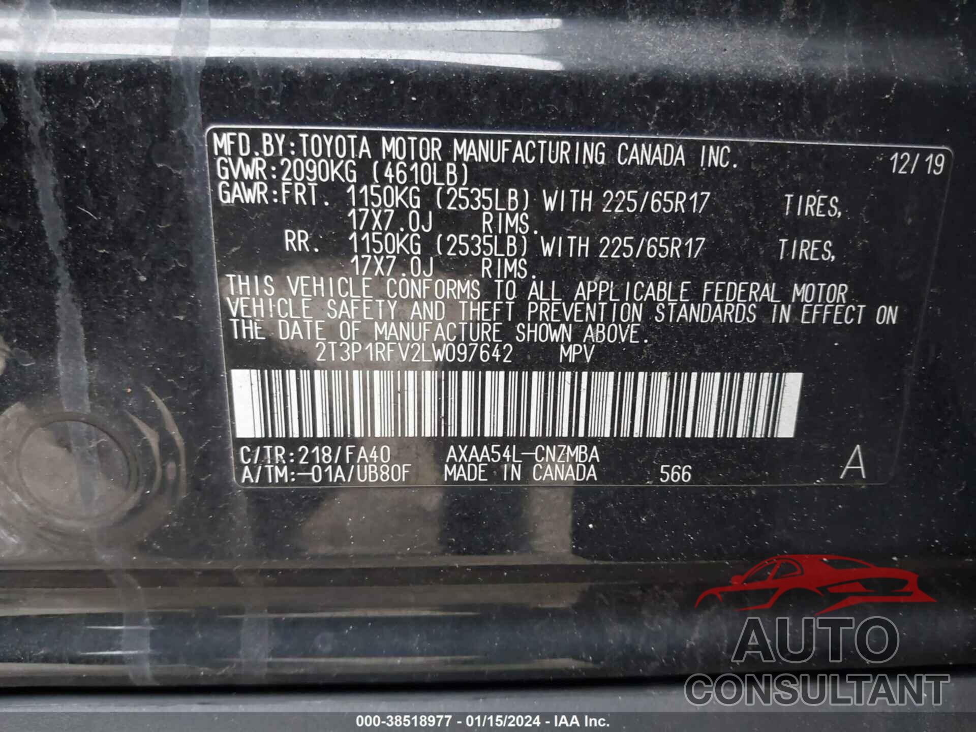 TOYOTA RAV4 2020 - 2T3P1RFV2LW097642