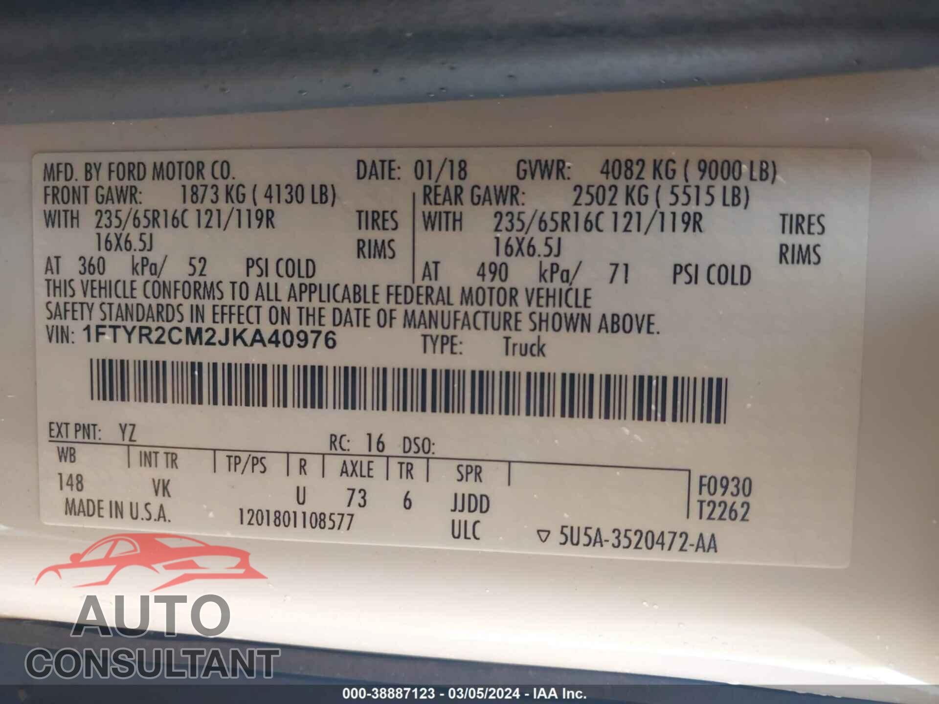 FORD TRANSIT-250 2018 - 1FTYR2CM2JKA40976