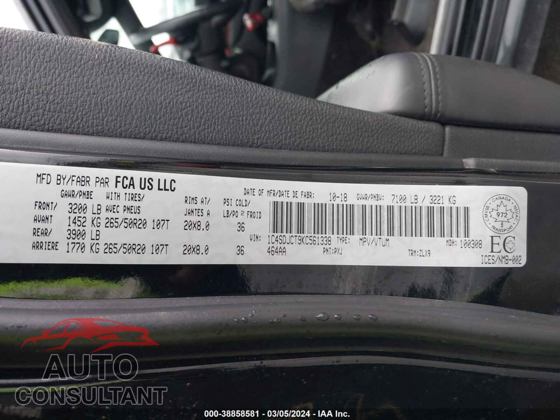 DODGE DURANGO 2019 - 1C4SDJCT9KC561338