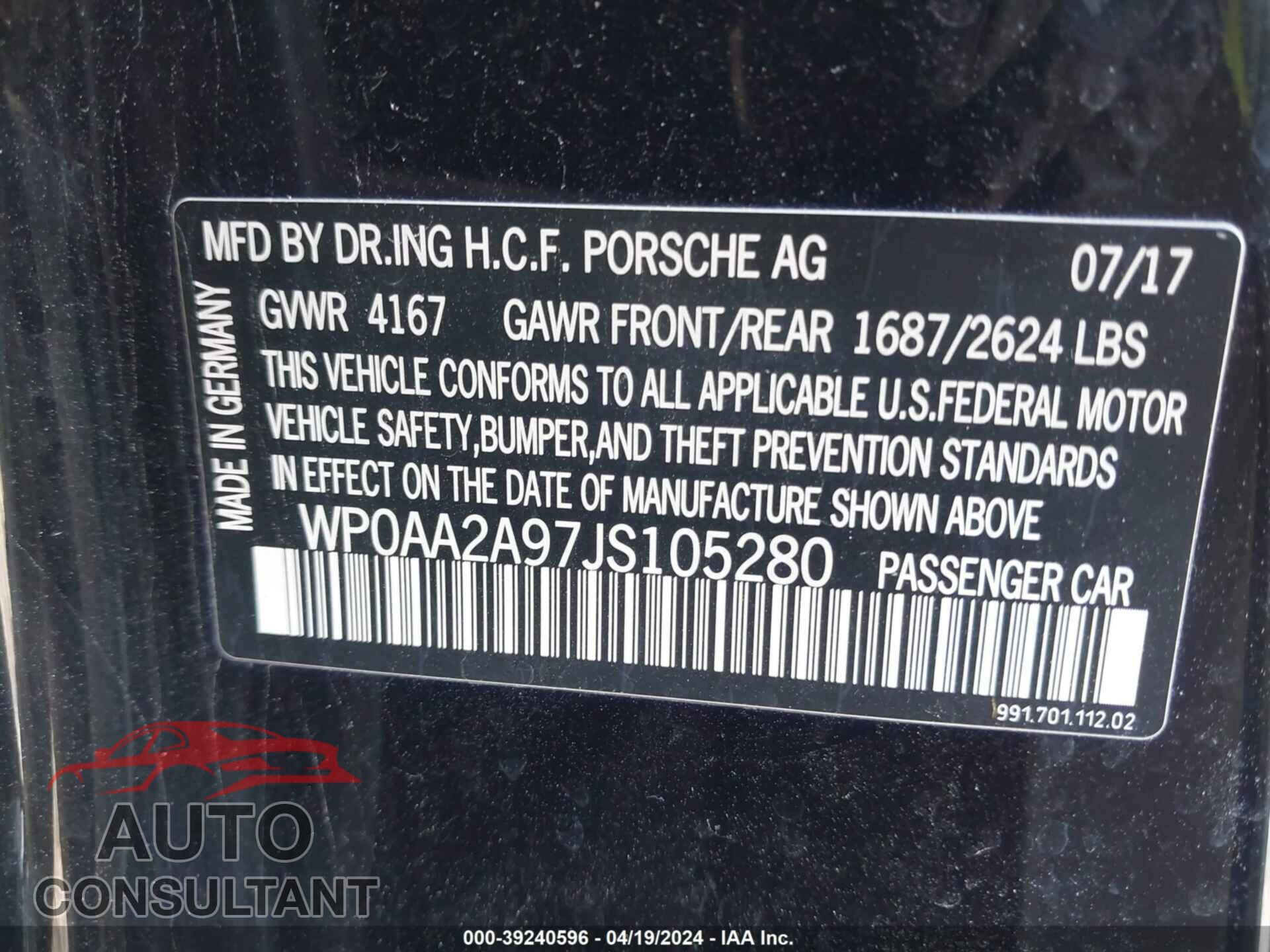PORSCHE 911 2018 - WP0AA2A97JS105280