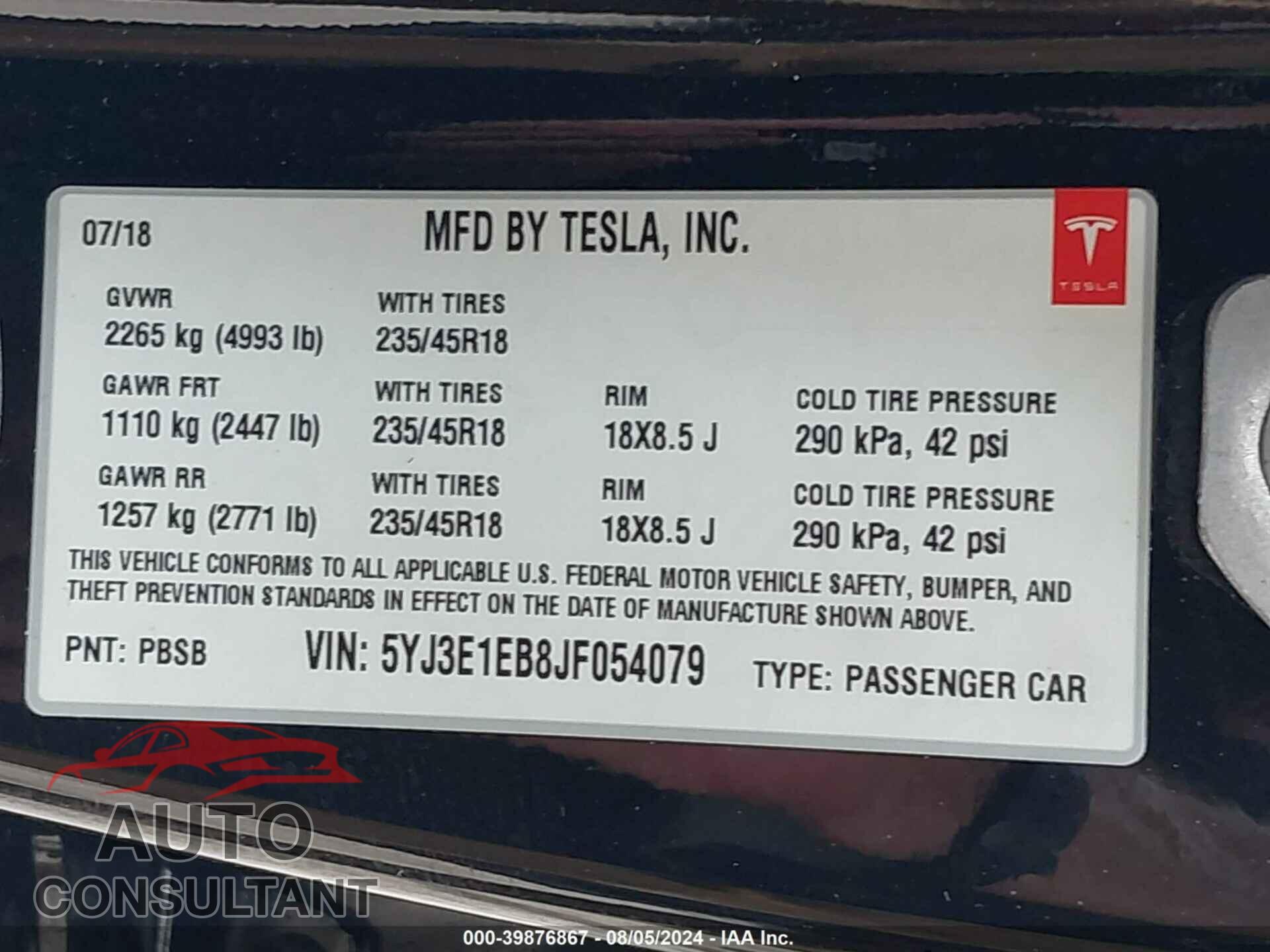 TESLA MODEL 3 2018 - 5YJ3E1EB8JF054079