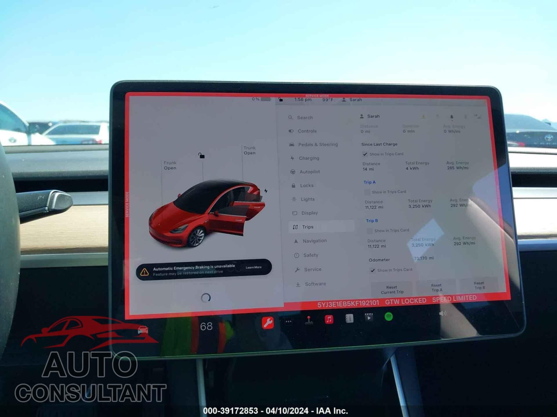TESLA MODEL 3 2019 - 5YJ3E1EB5KF192101