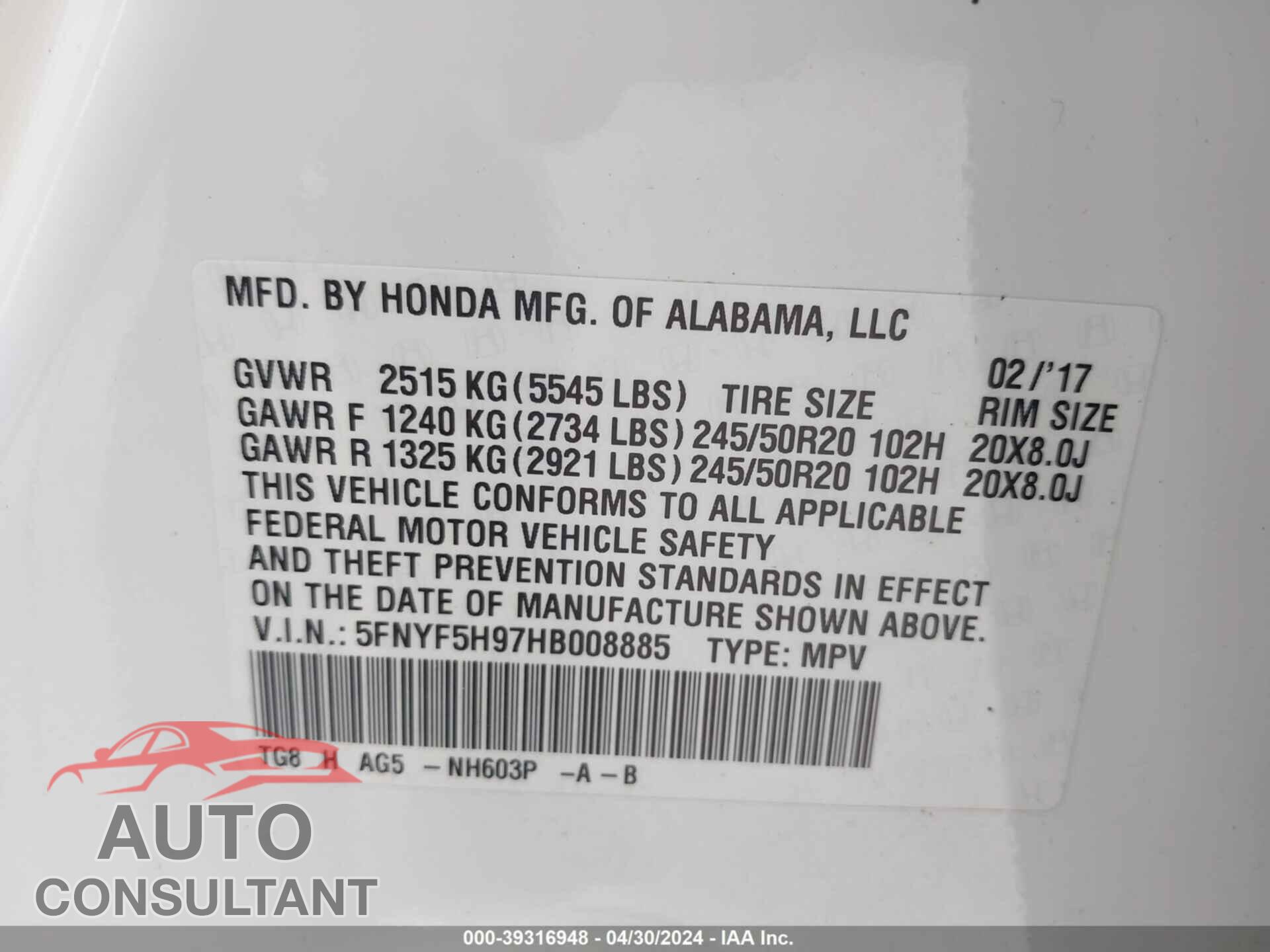 HONDA PILOT 2017 - 5FNYF5H97HB008885