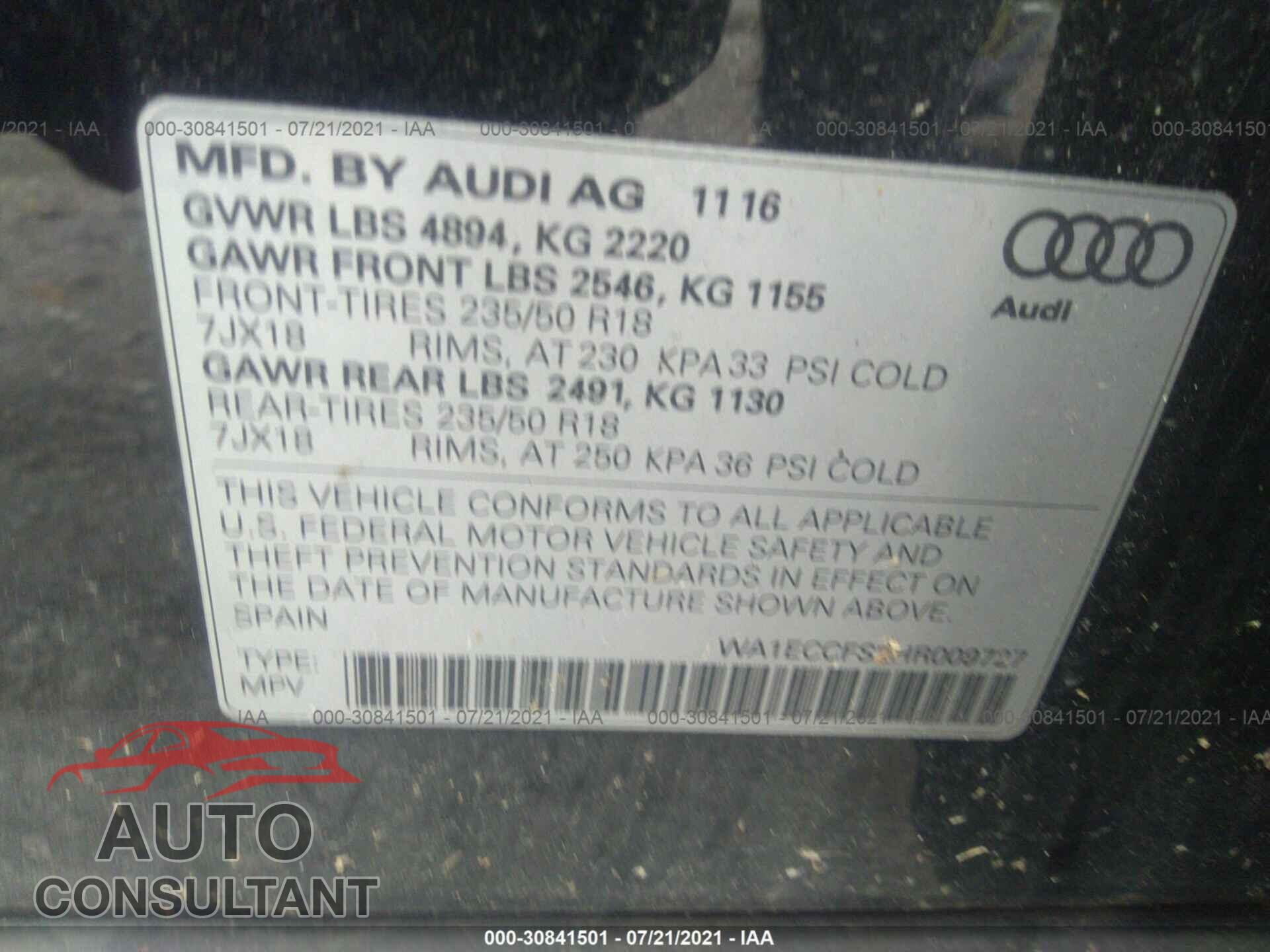 AUDI Q3 2017 - WA1ECCFS2HR009727