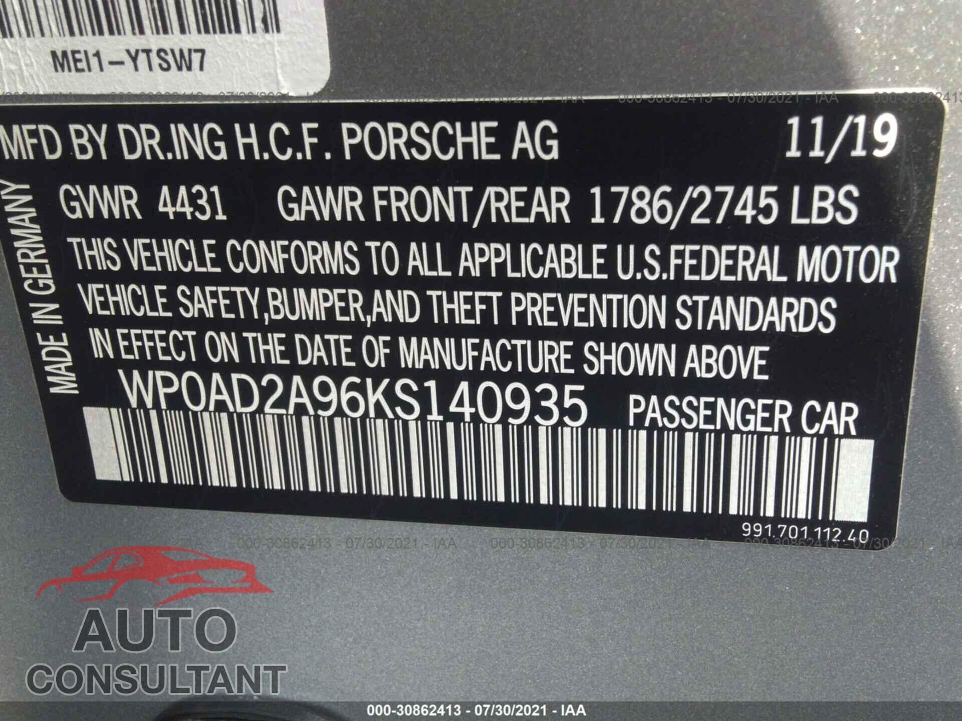 PORSCHE 911 2019 - WP0AD2A96KS140935