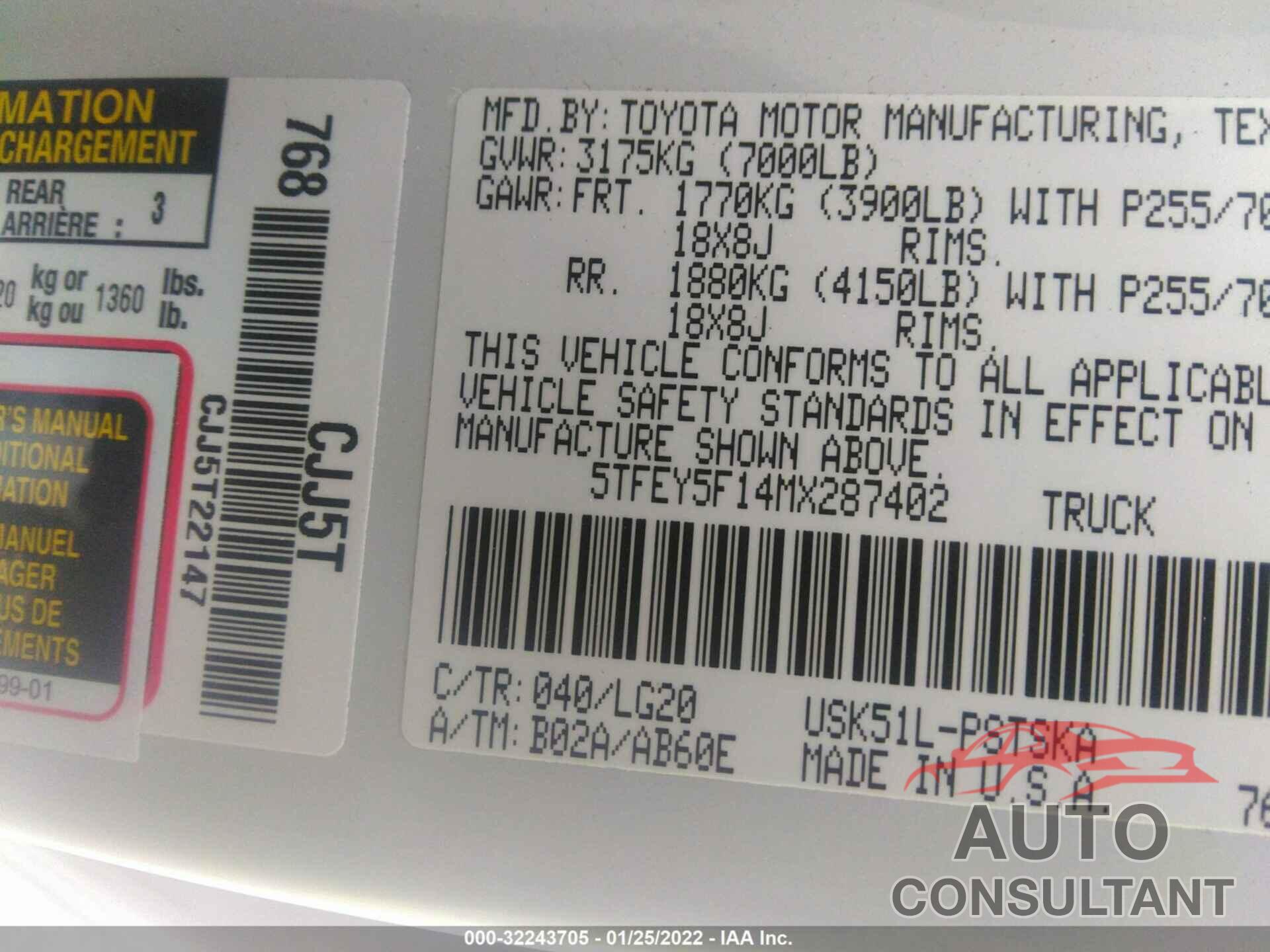 TOYOTA TUNDRA 2WD 2021 - 5TFEY5F14MX287402